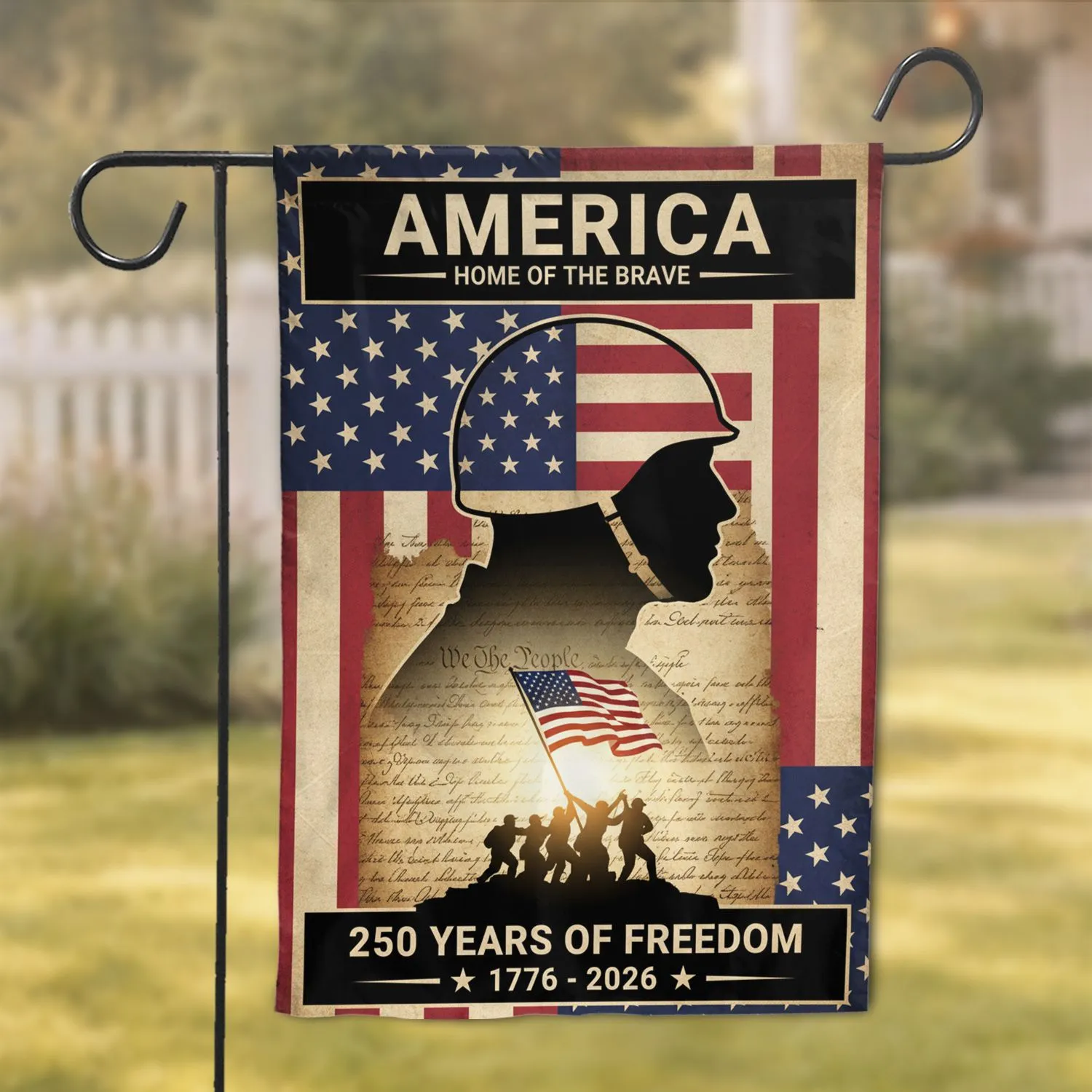 Soldier Silhouette American Flag We The People 1776 - USA 250th Anniversary Freedom Garden Flag - 1