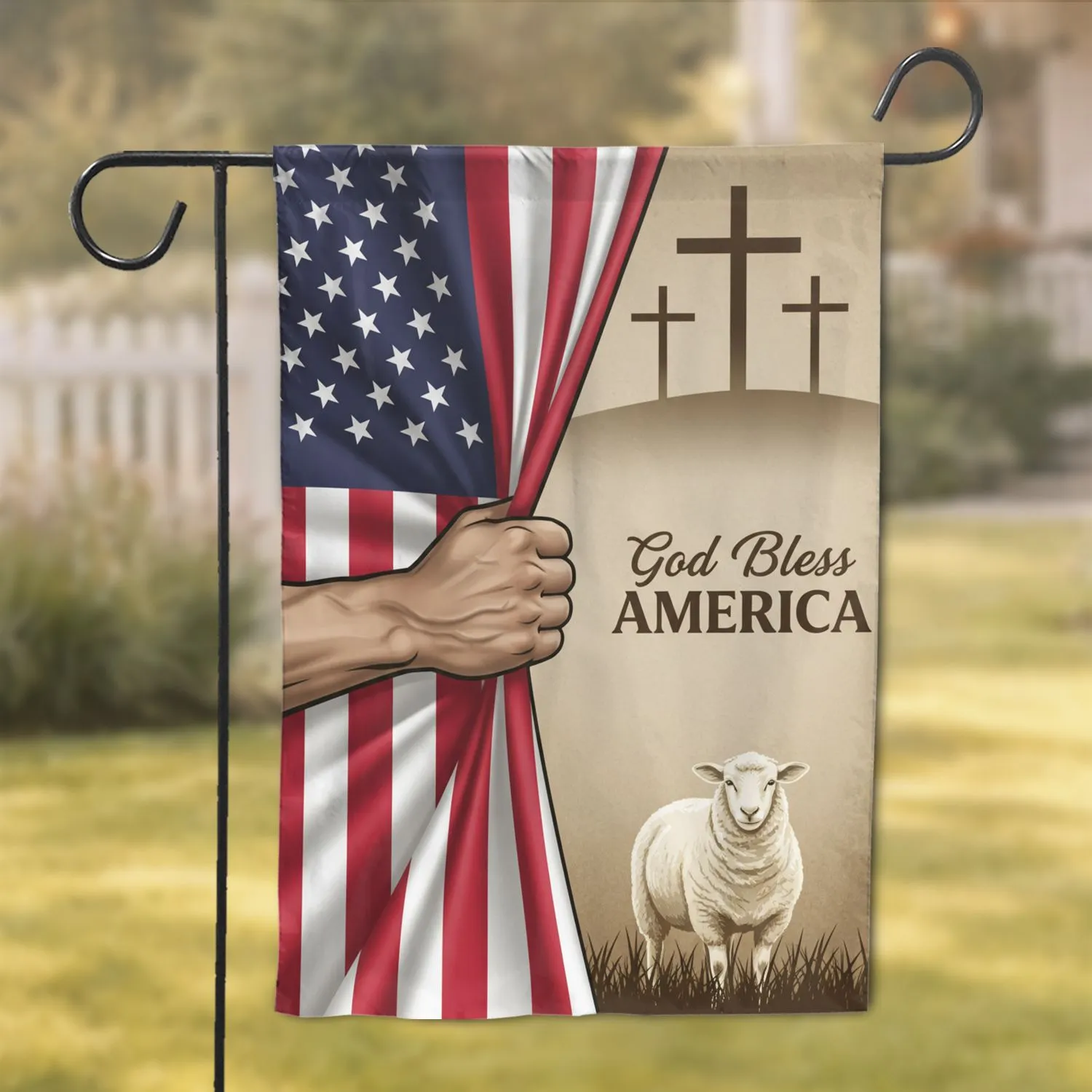 American Flag Hand Pulling Crosses Sheep God Bless AMERICA - Patriotic Faith Landscape Garden Flag - 1