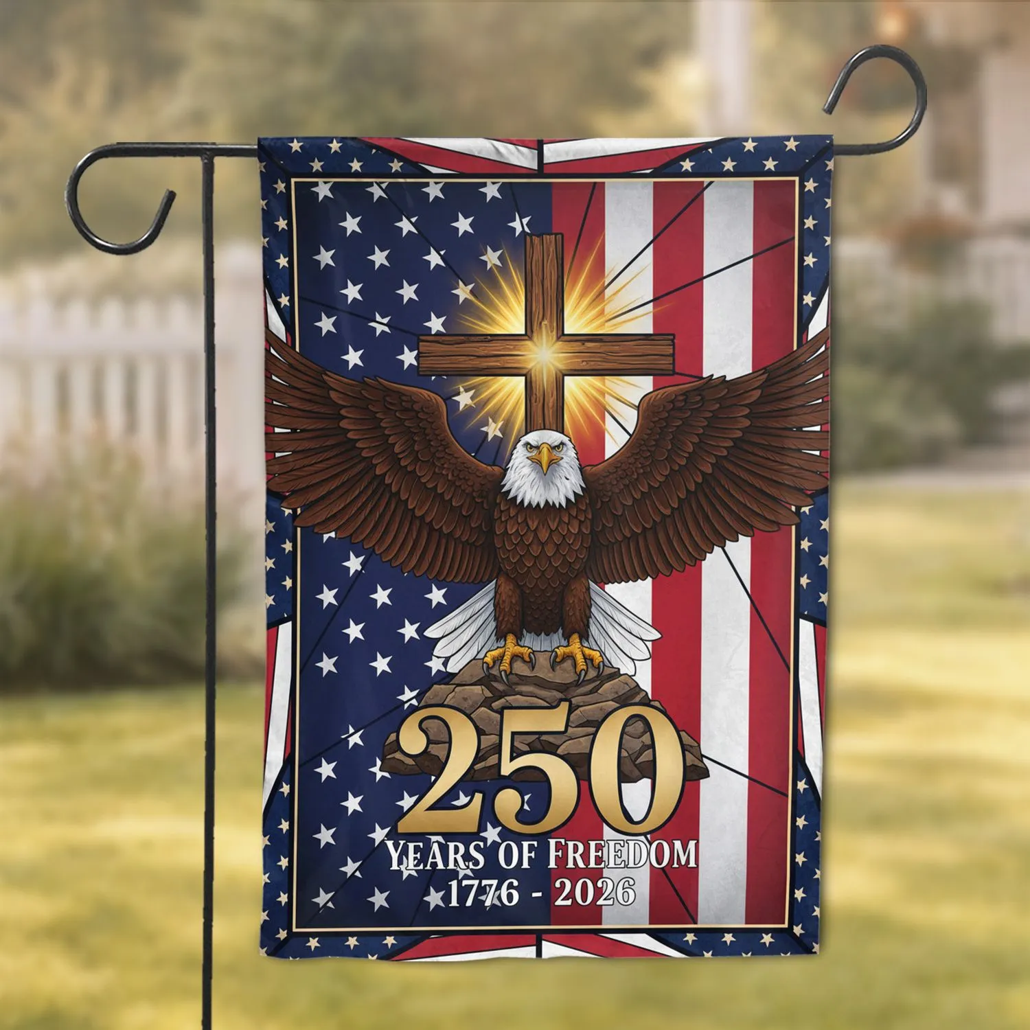 Bald Eagle Christian Cross 1776-2026 - USA 250th Anniversary Freedom Flag Patriotic Art Garden Flag - 1