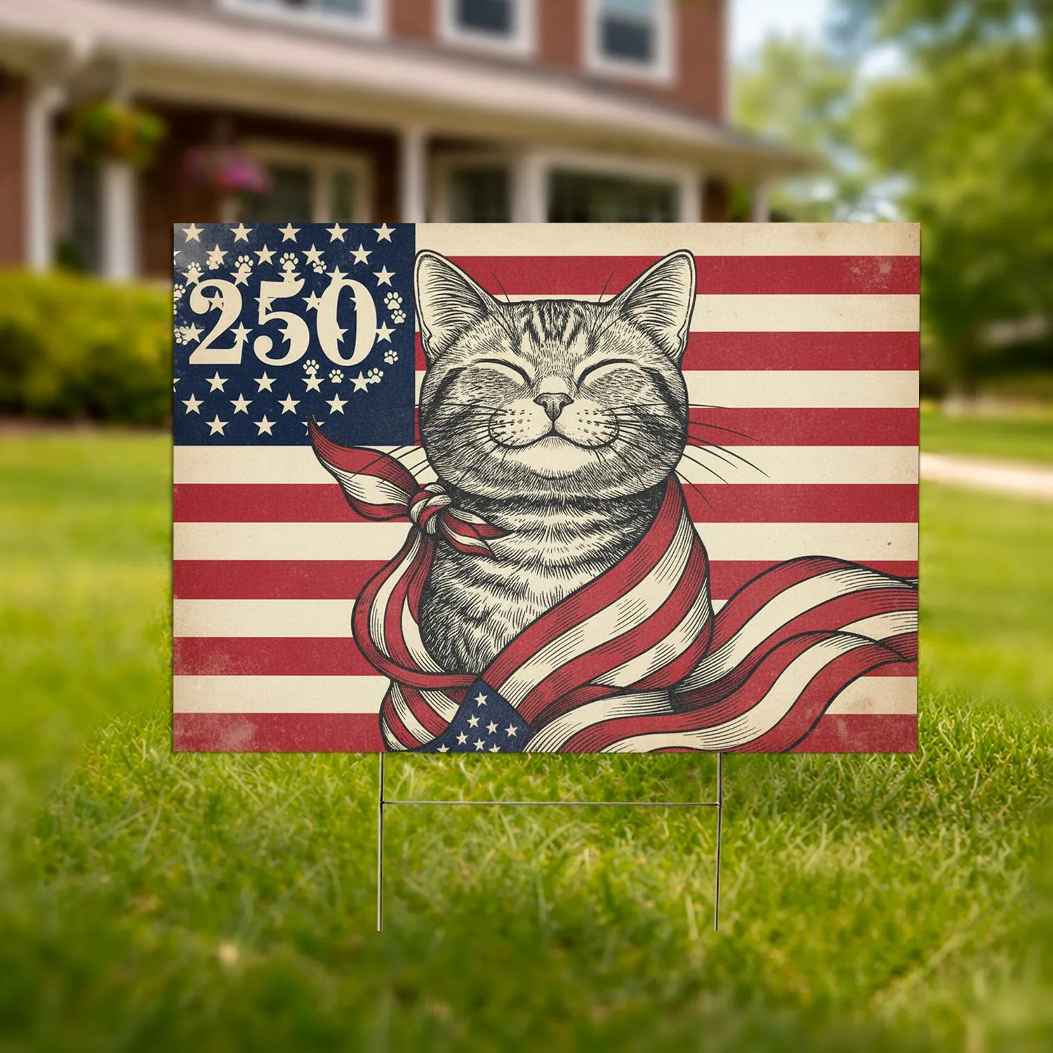 Patriotic Cat American Flag 250th Anniversary Paw Print 1776-2026 - Cat Lover Gift Yard Sign - 1