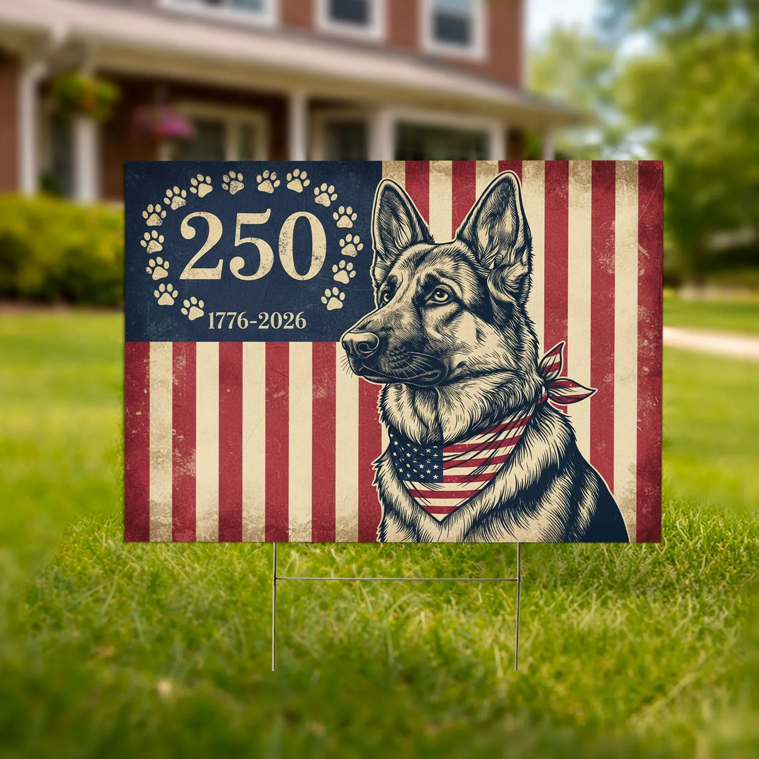 Distressed German Shepherd Paw Print Flag - USA 250th Anniversary 1776-2026 Patriotic Yard Sign - 1
