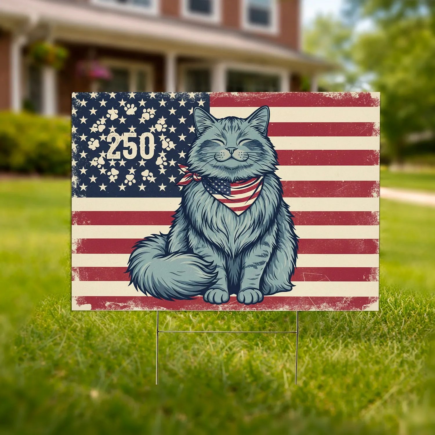 Majestic Fluffy Cat Distressed American Flag 1776-2026 - USA 250th Anniversary Yard Sign - 1