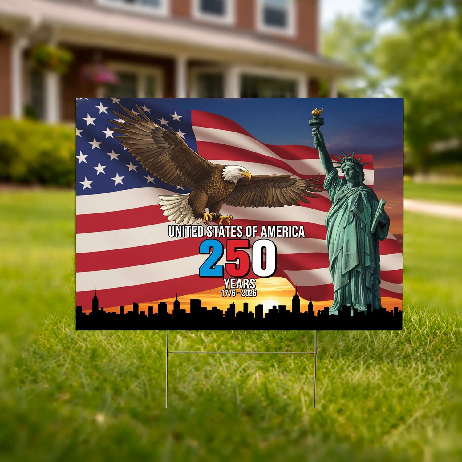 American Flag Bald Eagle Statue of Liberty 1776-2026 - USA 250th Anniversary Independence Day Yard Sign - 1