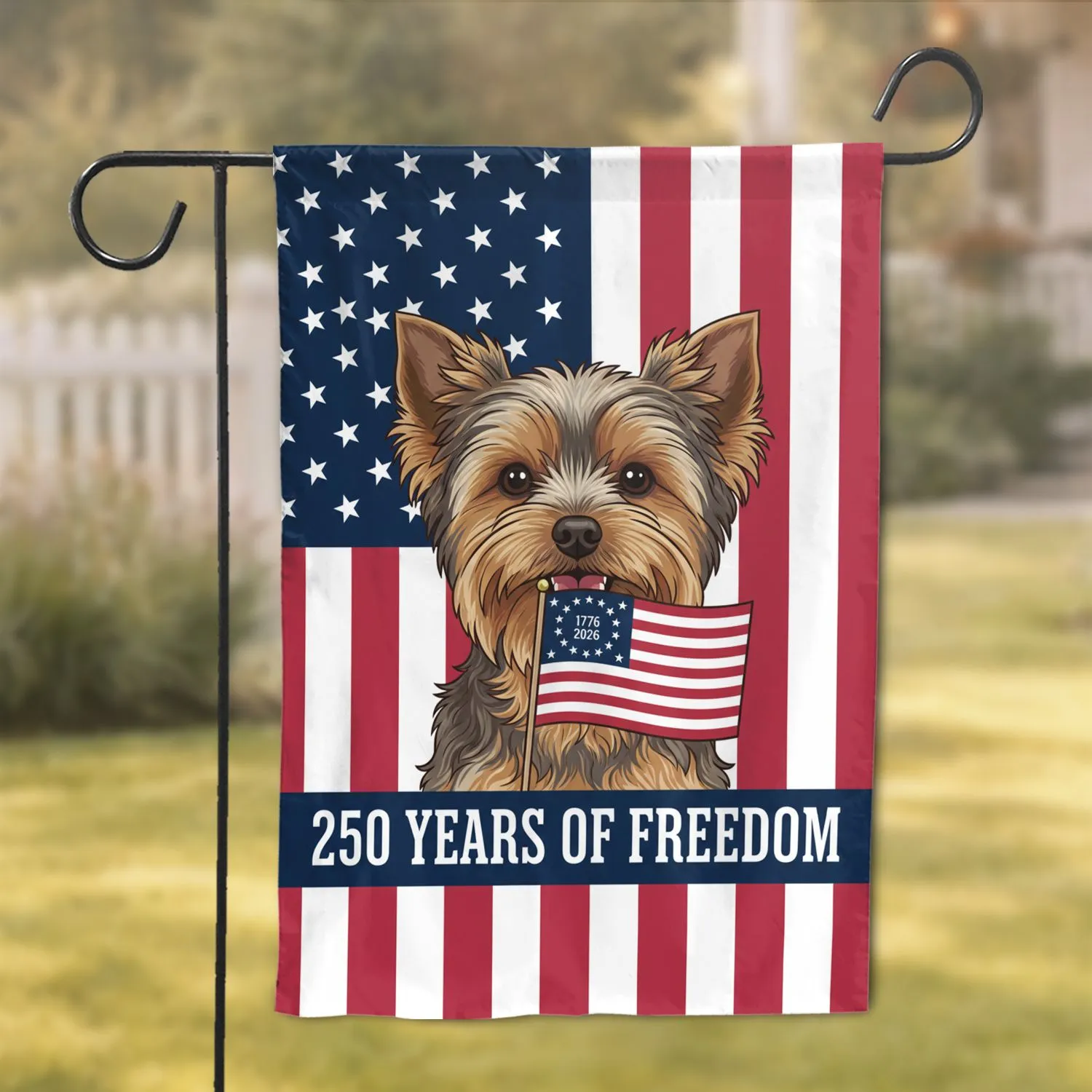Yorkshire Terrier Betsy Ross Flag - 1776-2026 USA 250 Years of Freedom Celebration Garden Flag - 1