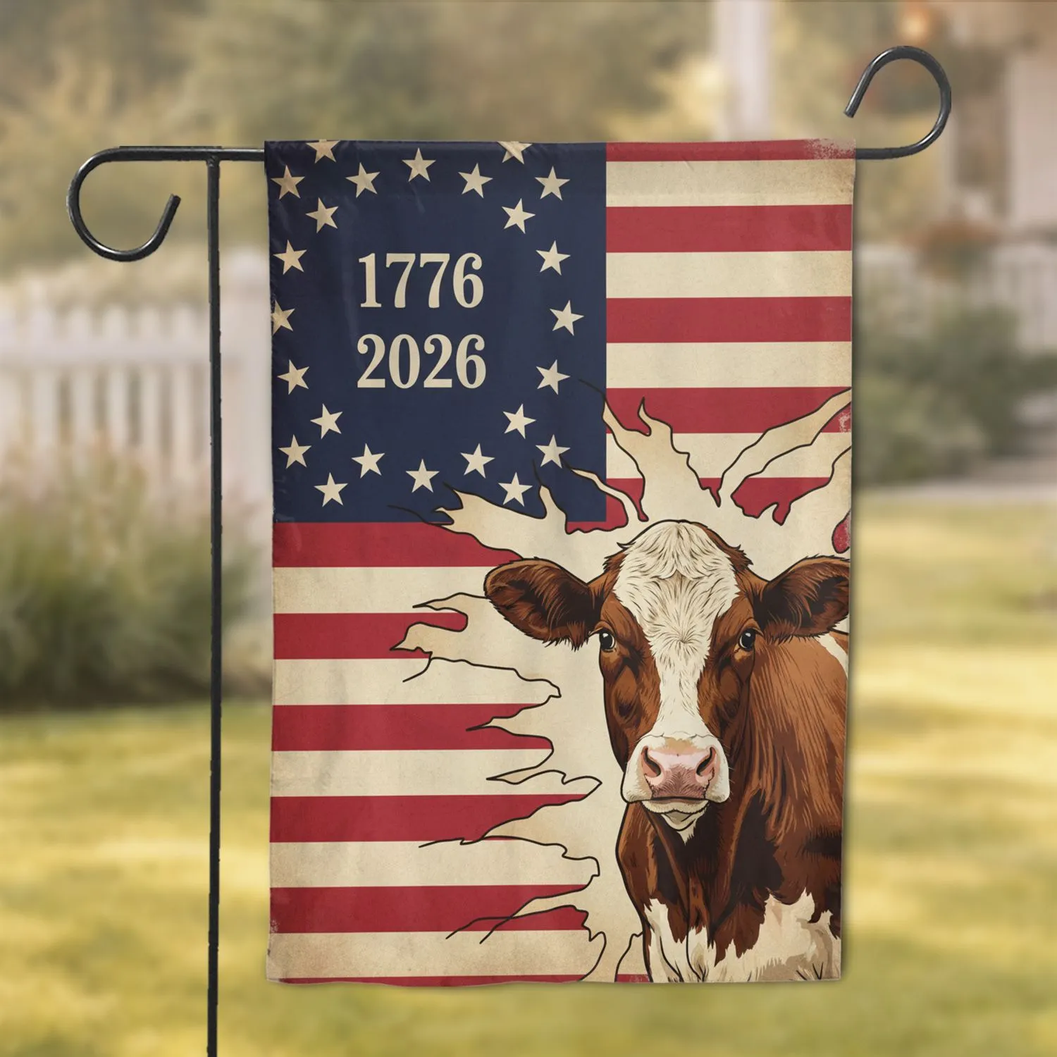Hereford Cow Distressed American Flag 1776-2026 - USA 250th Anniversary Patriotic Garden Flag - 1