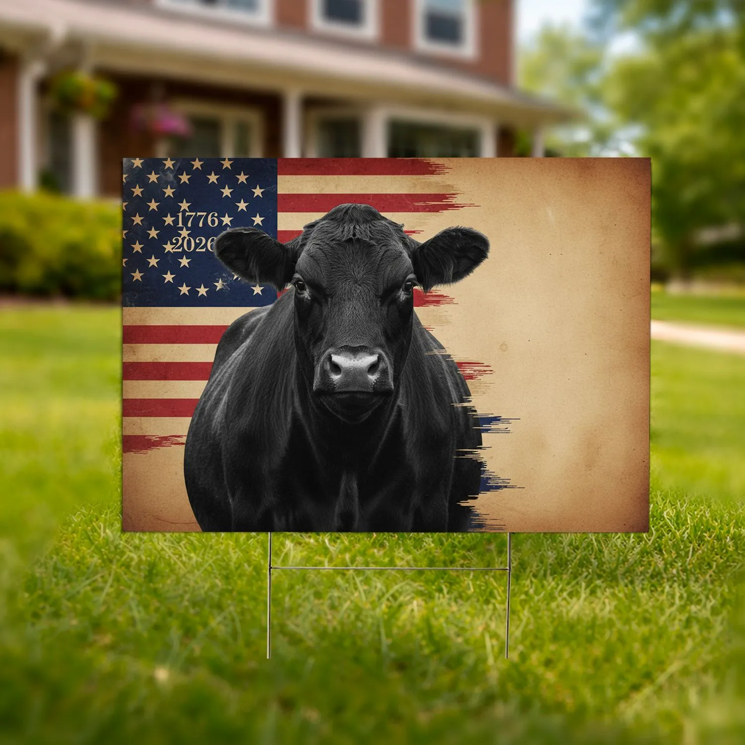Black Angus Cow Betsy Ross Flag 1776-2026 - USA 250th Anniversary Independence Day Yard Sign - 1