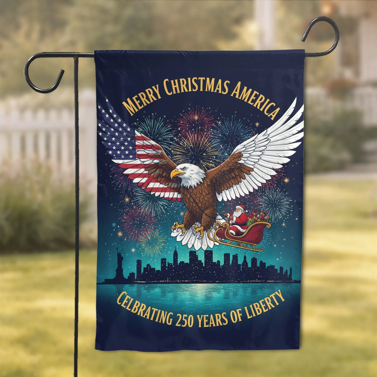 Bald Eagle Santa American Flag NYC - USA 250th Anniversary Christmas Patriotic Celebration Garden Flag - 1