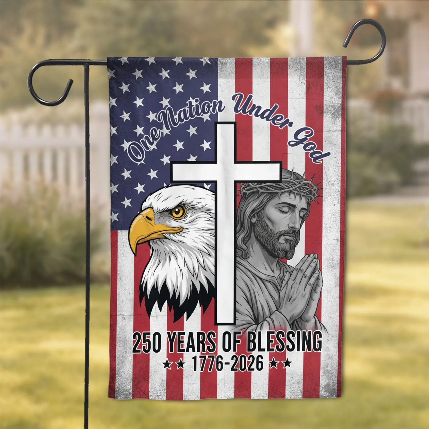 Bald Eagle American Flag Cross Jesus 1776-2026 One Nation Under God USA 250th Anniversary Garden Flag - 1