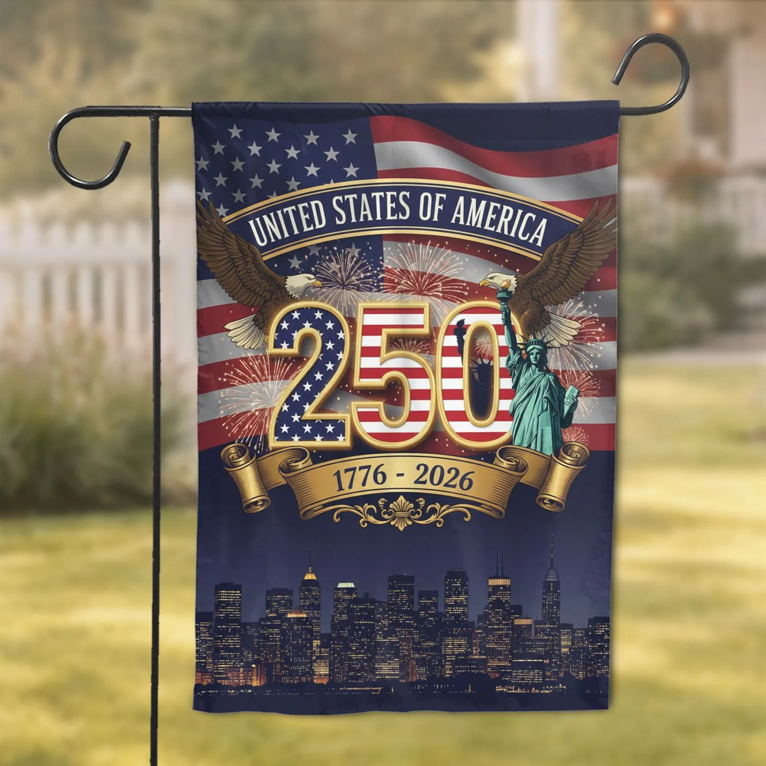 Luminous 250 Emblem Bald Eagle Statue of Liberty USA Flag 1776-2026 - 250th Anniversary Garden Flag - 1