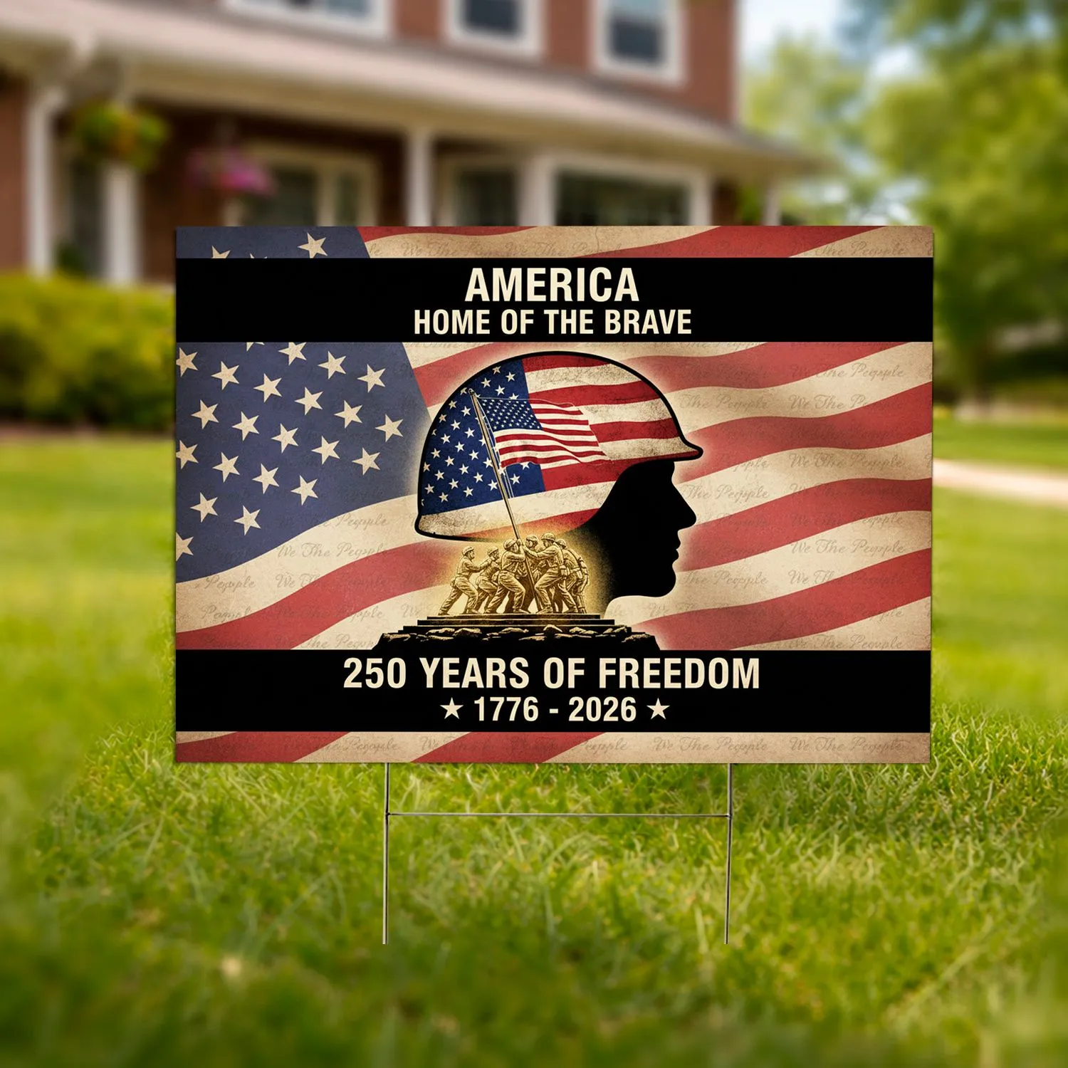 Soldier Helmet Iwo Jima Flag We The People - America's 250th Anniversary for Veterans Yard Sign - 1