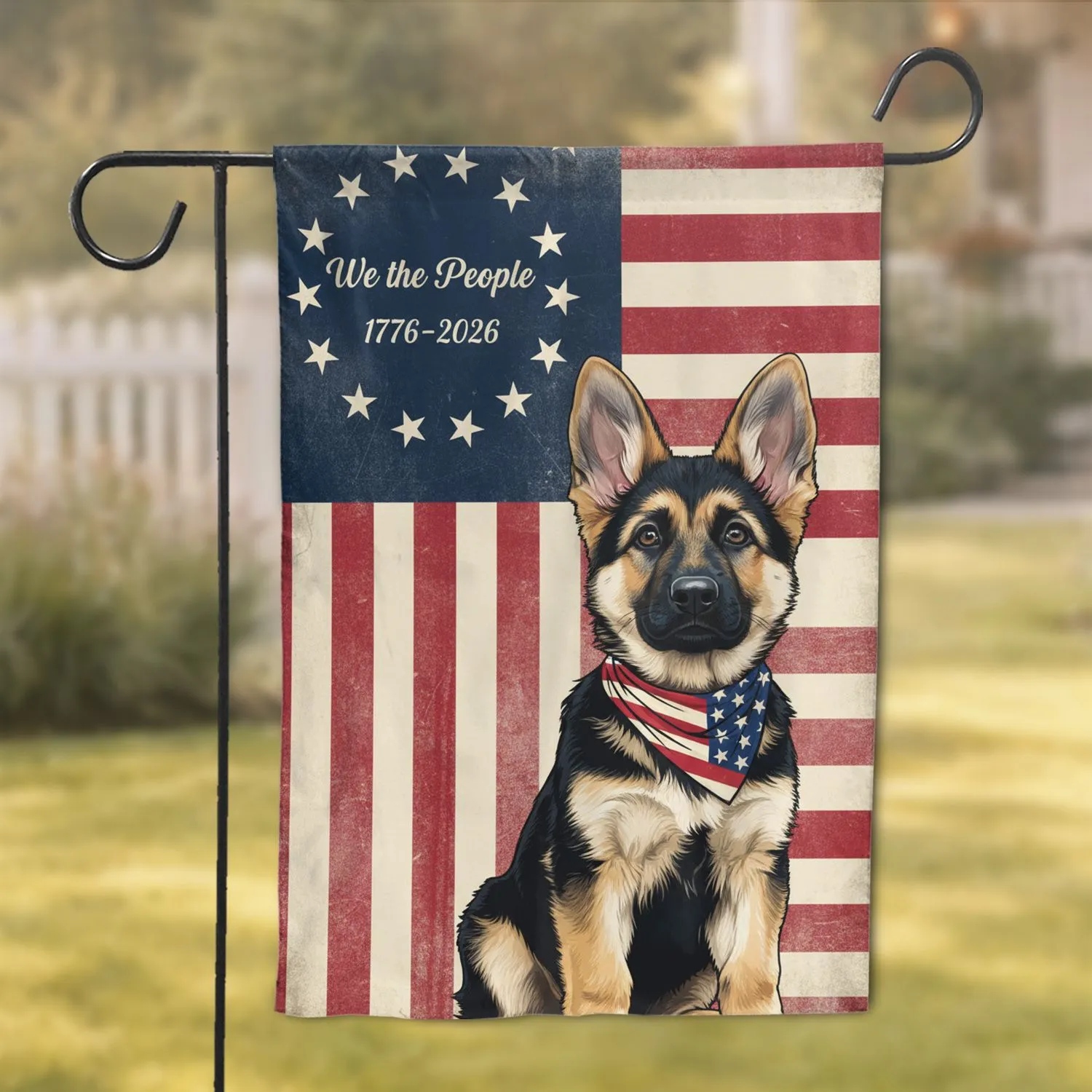 German Shepherd Puppy We The People Distressed Flag 1776-2026 - USA 250th Anniversary for Veterans Garden Flag - 1