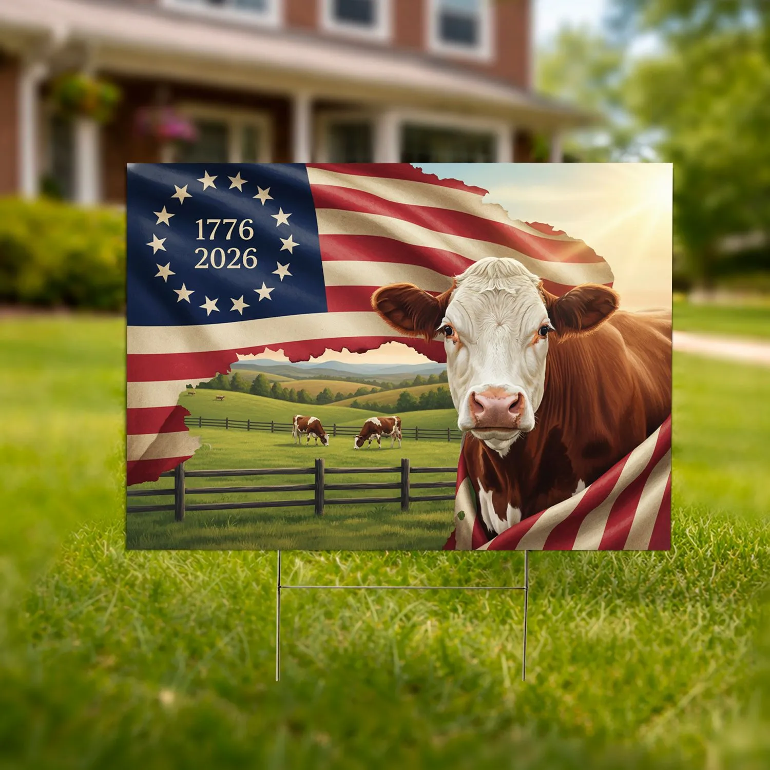 Hereford Cow Betsy Ross Flag 1776-2026 - USA 250th Anniversary Patriotic Art Yard Sign - 1