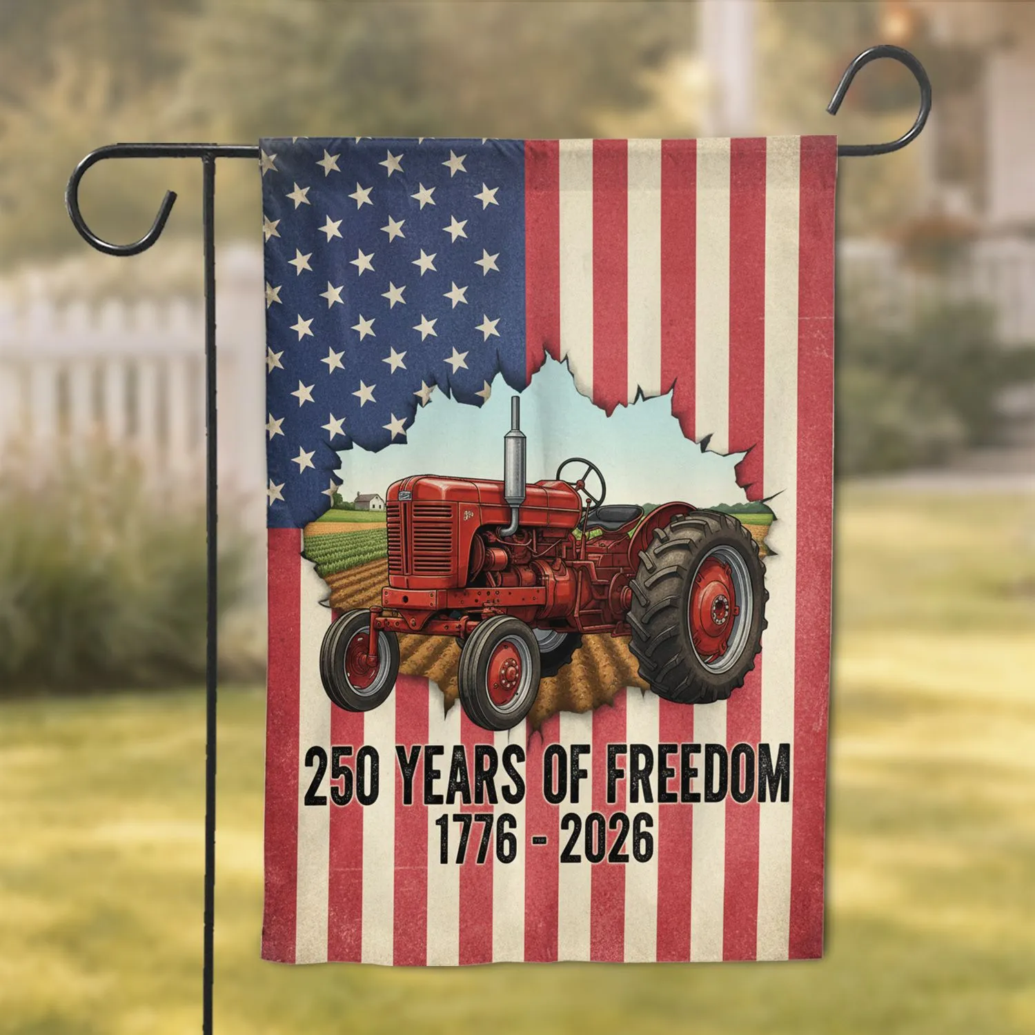 Vintage Red Tractor American Flag - USA 250 Years of Freedom 1776-2026 Patriotic Anniversary Garden Flag - 1