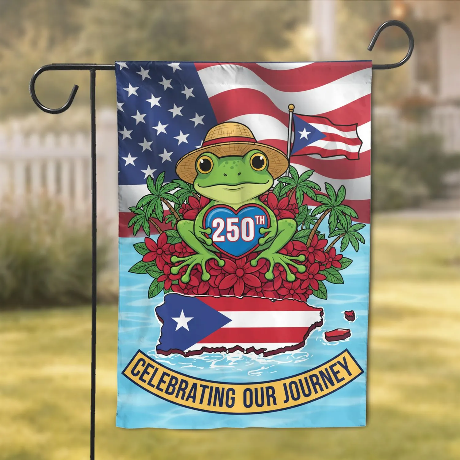 Coquí Frog Puerto Rico Flag Map 1776-2026 - USA 250th Anniversary Patriotic Art Garden Flag - 1
