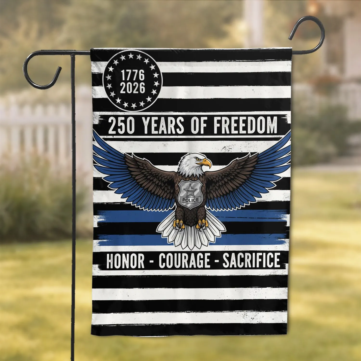Bald Eagle Police Badge Thin Blue Line 1776-2026 - USA 250th Anniversary Patriotic Garden Flag - 1