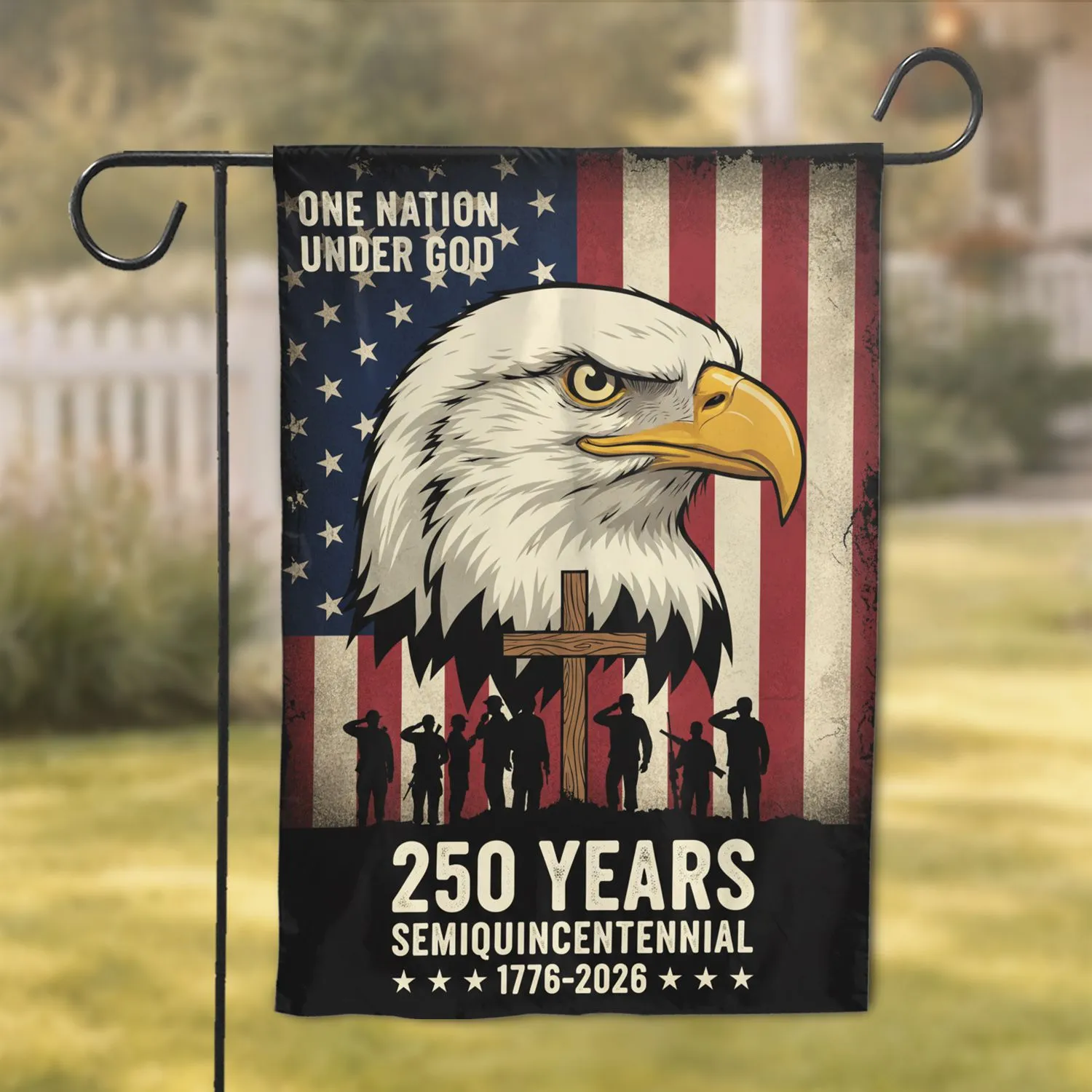 Bald Eagle American Flag Cross Soldiers 1776-2026 - USA 250th Anniversary Tribute Garden Flag - 1