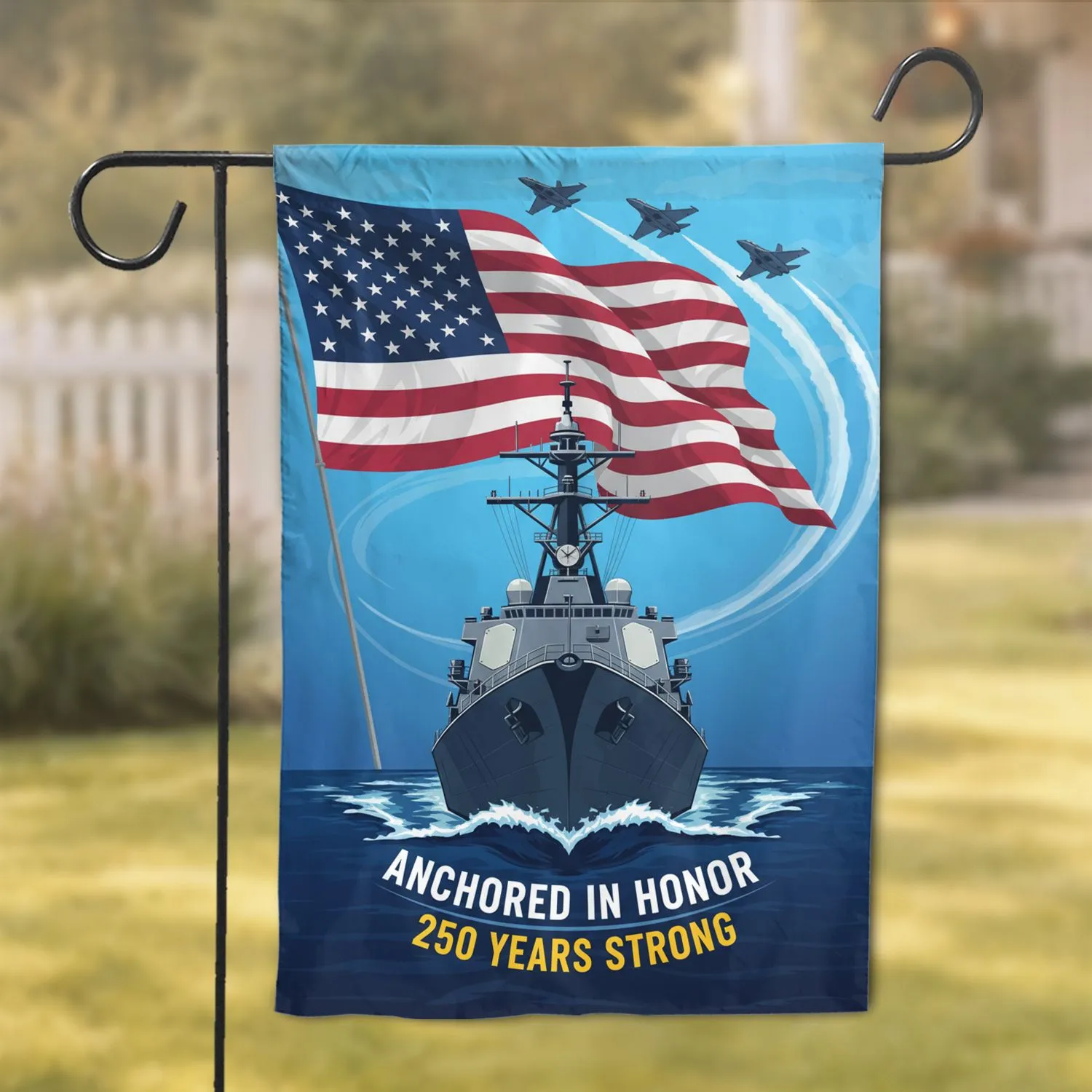 US Navy Destroyer American Flag Fighter Jets - USA 250th Anniversary 1776-2026 Gift Garden Flag - 1