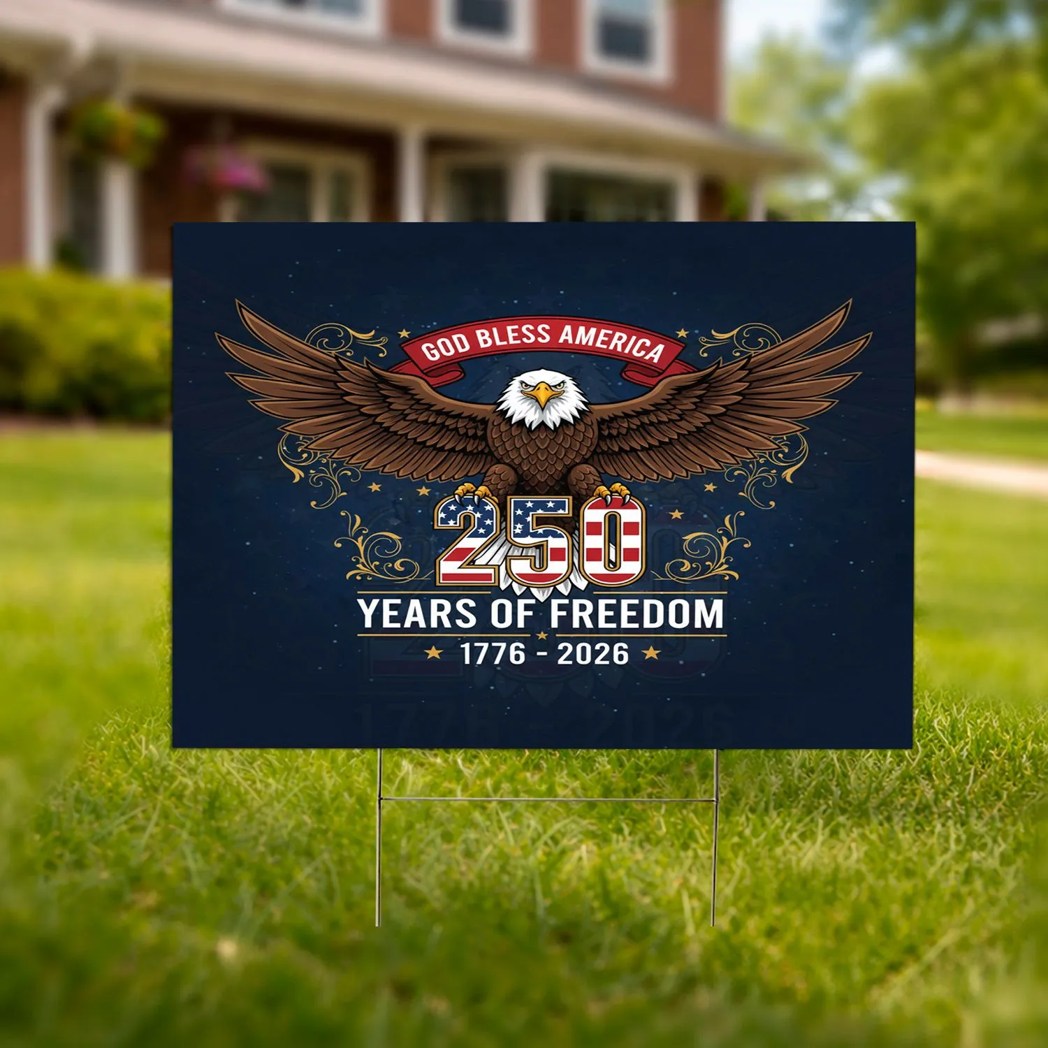 Bald Eagle American Flag 250 Emblem 1776-2026 - God Bless America Freedom Celebration Yard Sign - 1