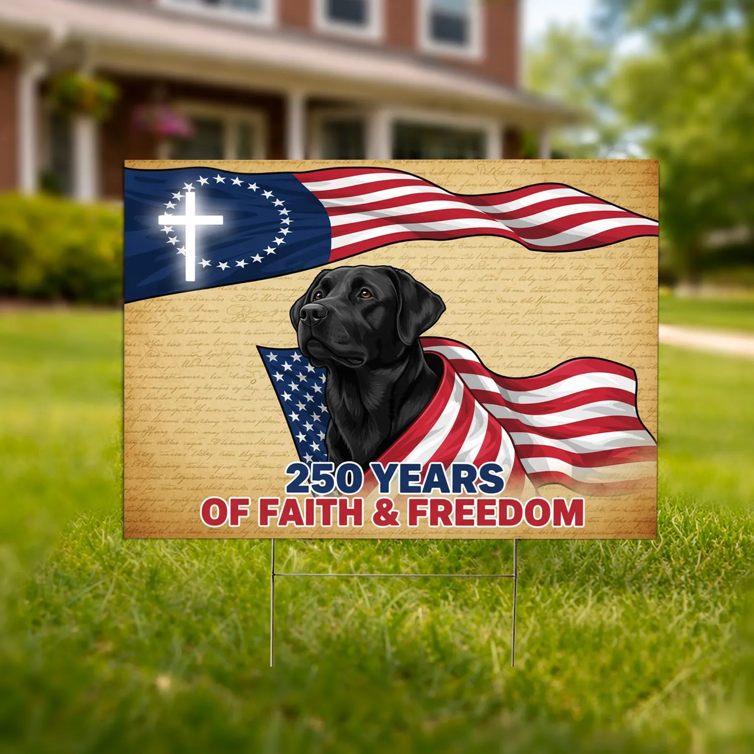 Black Labrador Flag Cross 250 Years Faith Freedom - USA 250th Anniversary Patriotic Design Yard Sign - 1