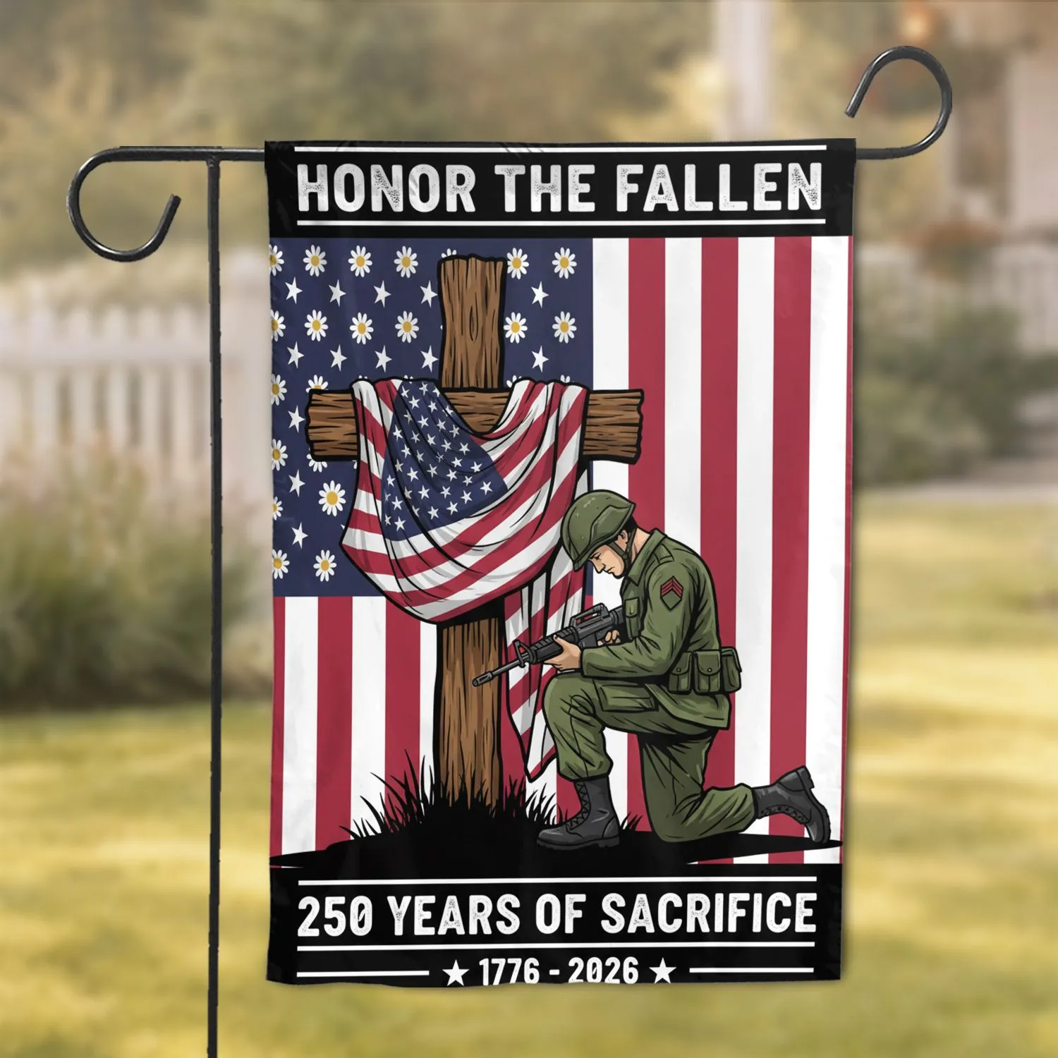 Honor The Fallen Soldier Kneeling American Flag Cross - USA 250th Anniversary 1776-2026 Garden Flag - 1