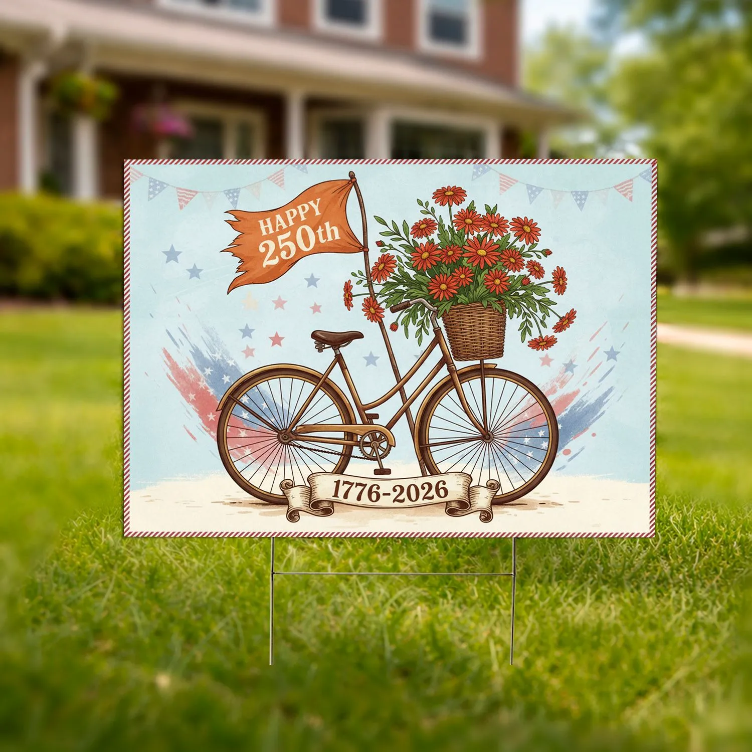 Rustic Bicycle Wicker Basket Daisies Flag - America 250th Anniversary (1776-2026) Yard Sign - 1