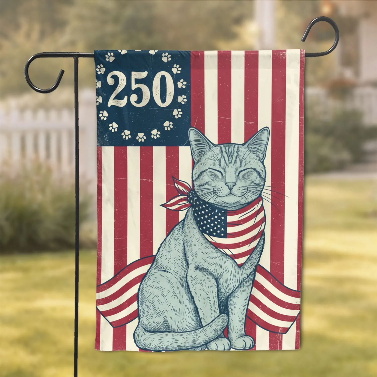 Distressed Vintage Patriotic Cat American Flag Bandana - USA 250th Anniversary 1776-2026 Garden Flag - 1