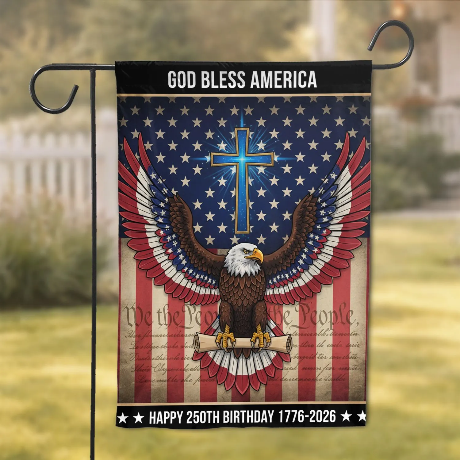 Bald Eagle American Flag Christian Cross 1776-2026 USA 250th Anniversary Gift for Veterans Garden Flag - 1