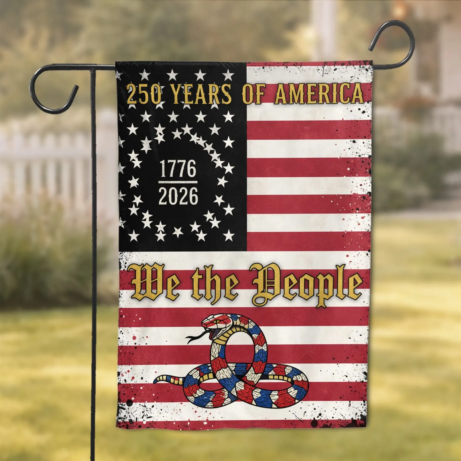 Distressed American Flag 1776-2026 We The People Gadsden Snake USA 250th Anniversary Garden Flag - 1