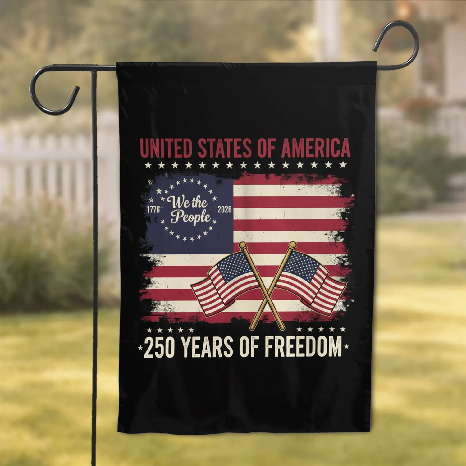 We The People Distressed Flag 1776-2026, Crossed Patriotic Flags - USA 250 Years Freedom Garden Flag - 1