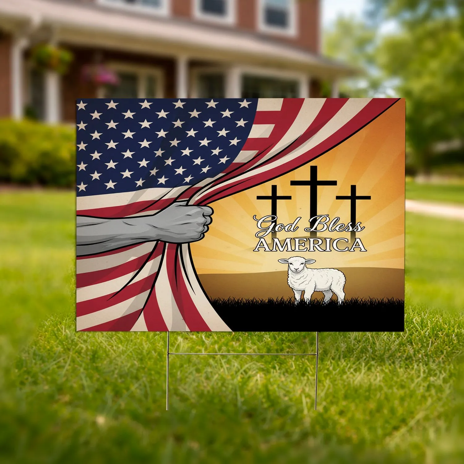 Patriotic American Flag Crosses Lamb - God Bless America Faith & Freedom Decor Yard Sign - 1