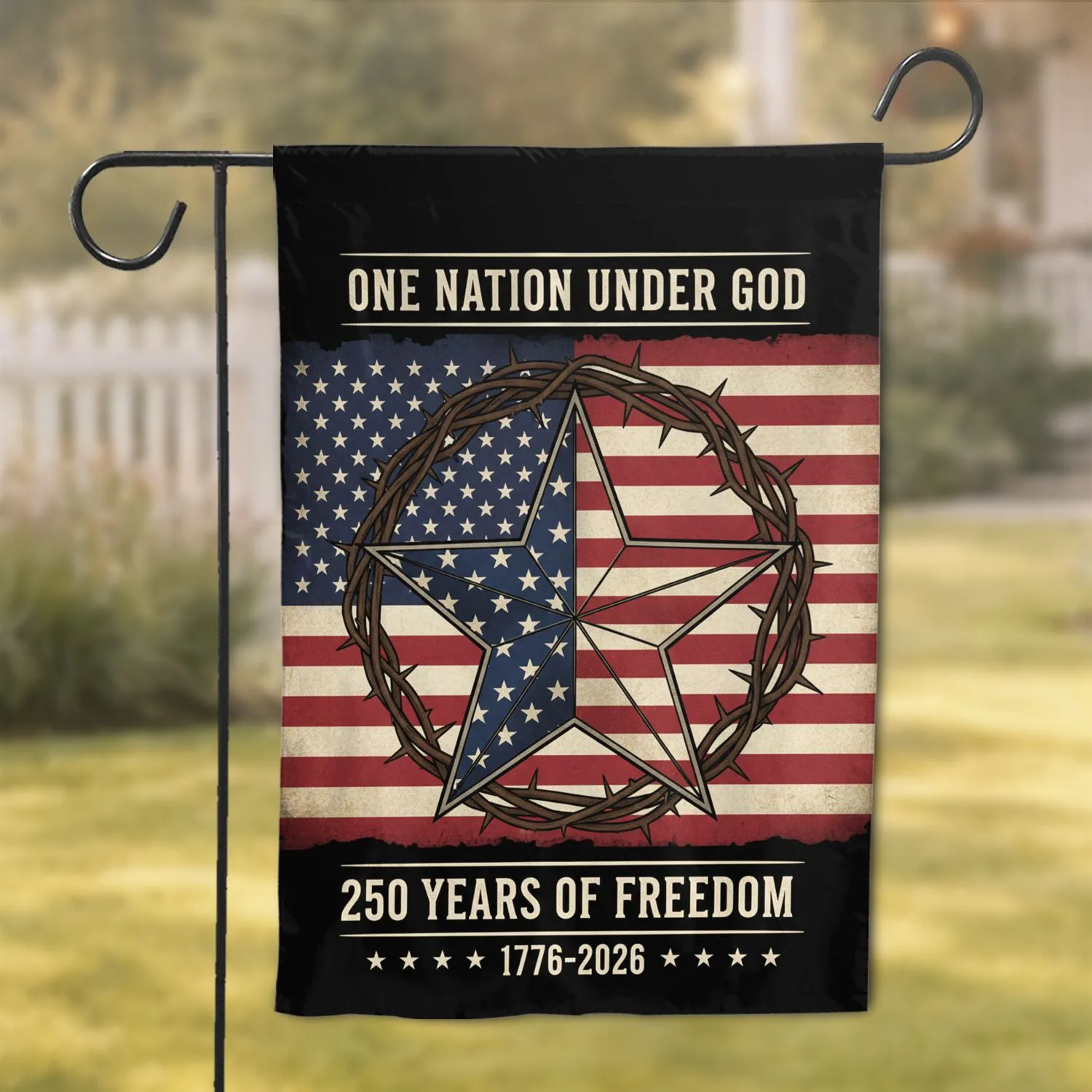 Distressed American Flag 3D Star 1776-2026 - USA 250th Anniversary One Nation Under God Garden Flag - 1