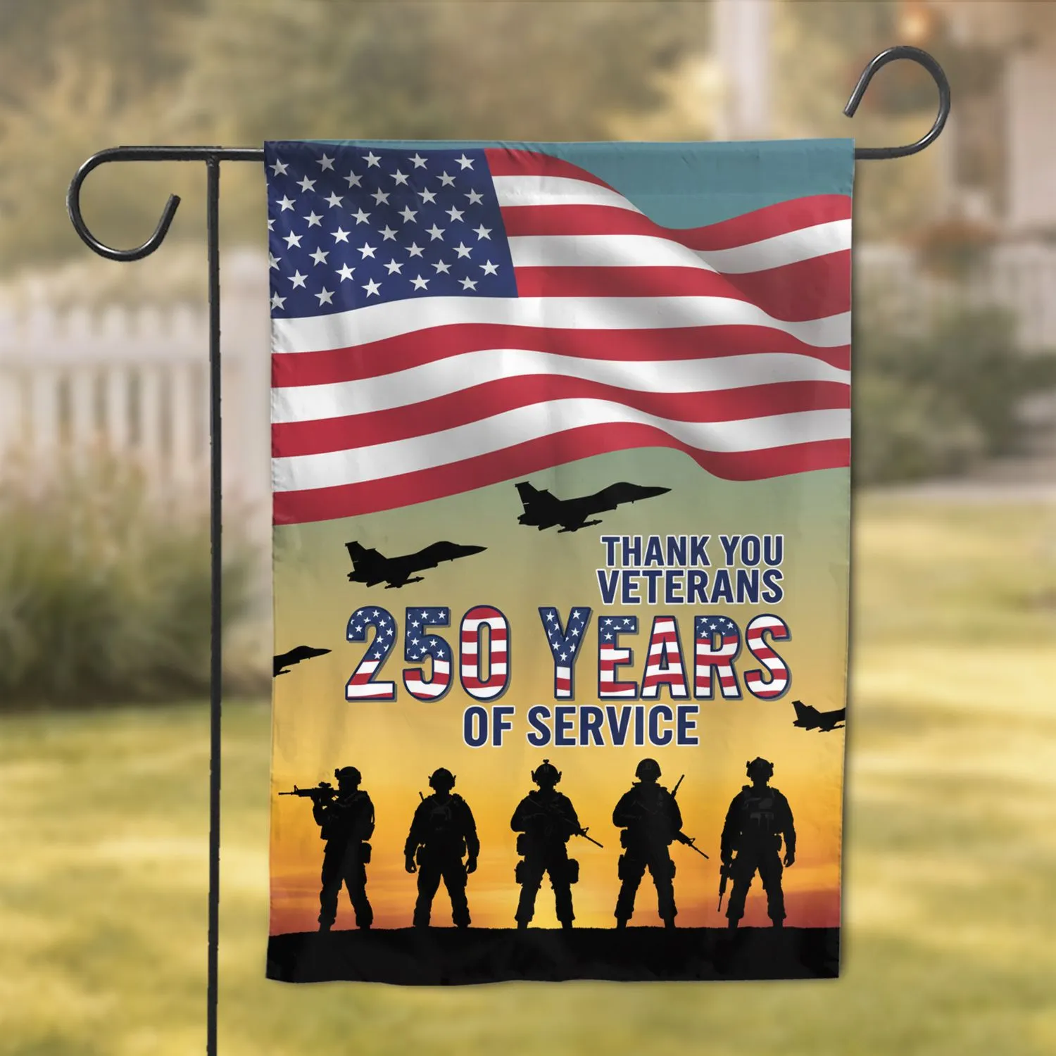 Waving American Flag Fighter Jets Military - USA 250th Anniversary 1776-2026 Veterans Garden Flag - 1