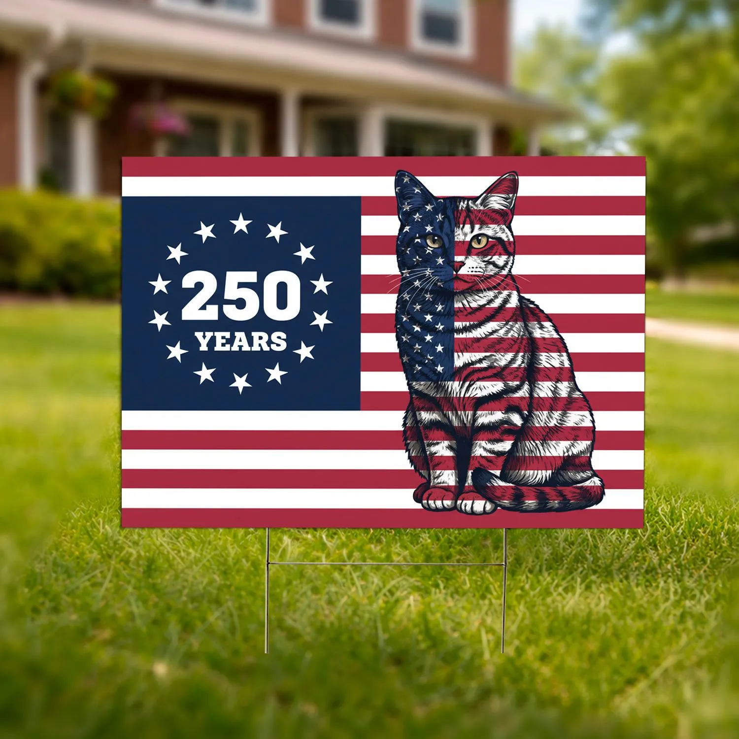 Tabby Cat American Flag Stripes 250 Years 1776-2026 - USA 250th Anniversary Patriotic Yard Sign - 1