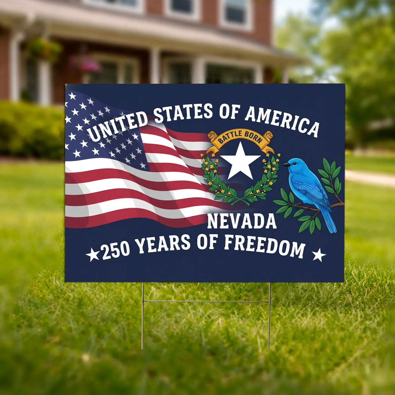 Nevada State Emblem American Flag Mountain Bluebird - USA 250th Anniversary 1776-2026 Yard Sign - 1