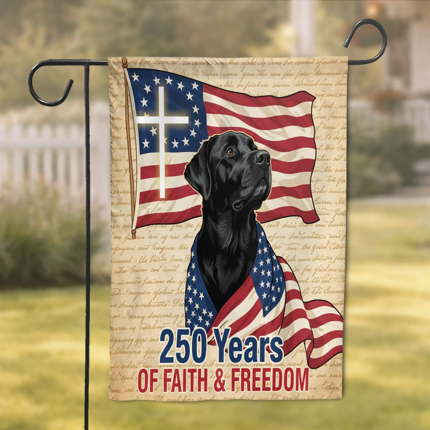 Black Lab American Flag Betsy Ross 250th Anniversary (1776-2026) Faith & Freedom Garden Flag - 1
