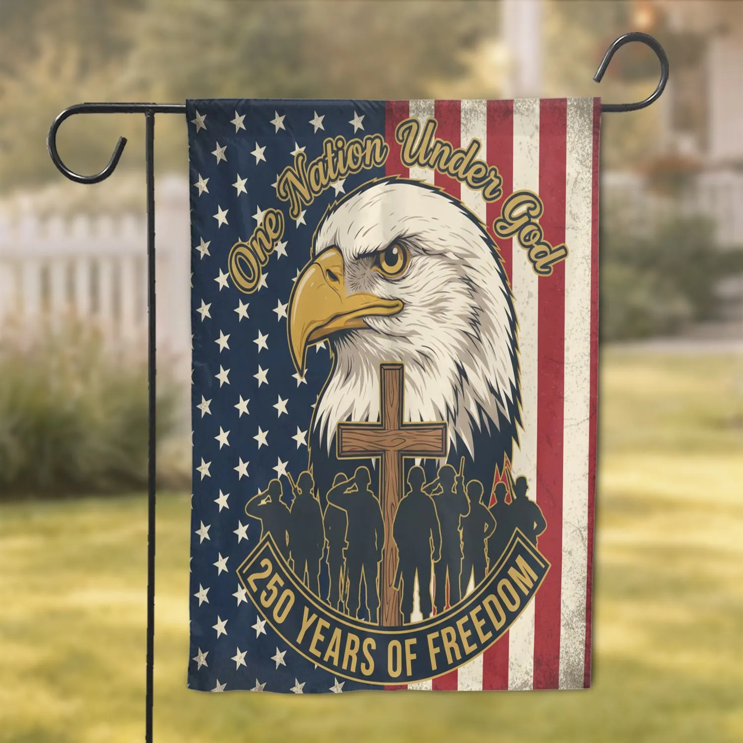Bald Eagle American Flag Cross Military - One Nation Under God 250 Years of Freedom Garden Flag - 1