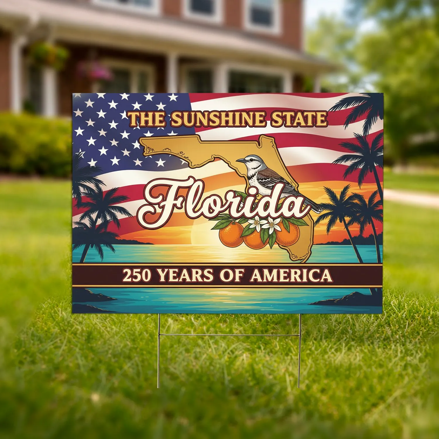 Florida Mockingbird American Flag 1776-2026 - USA 250th Anniversary Tropical Sunset Yard Sign - 1