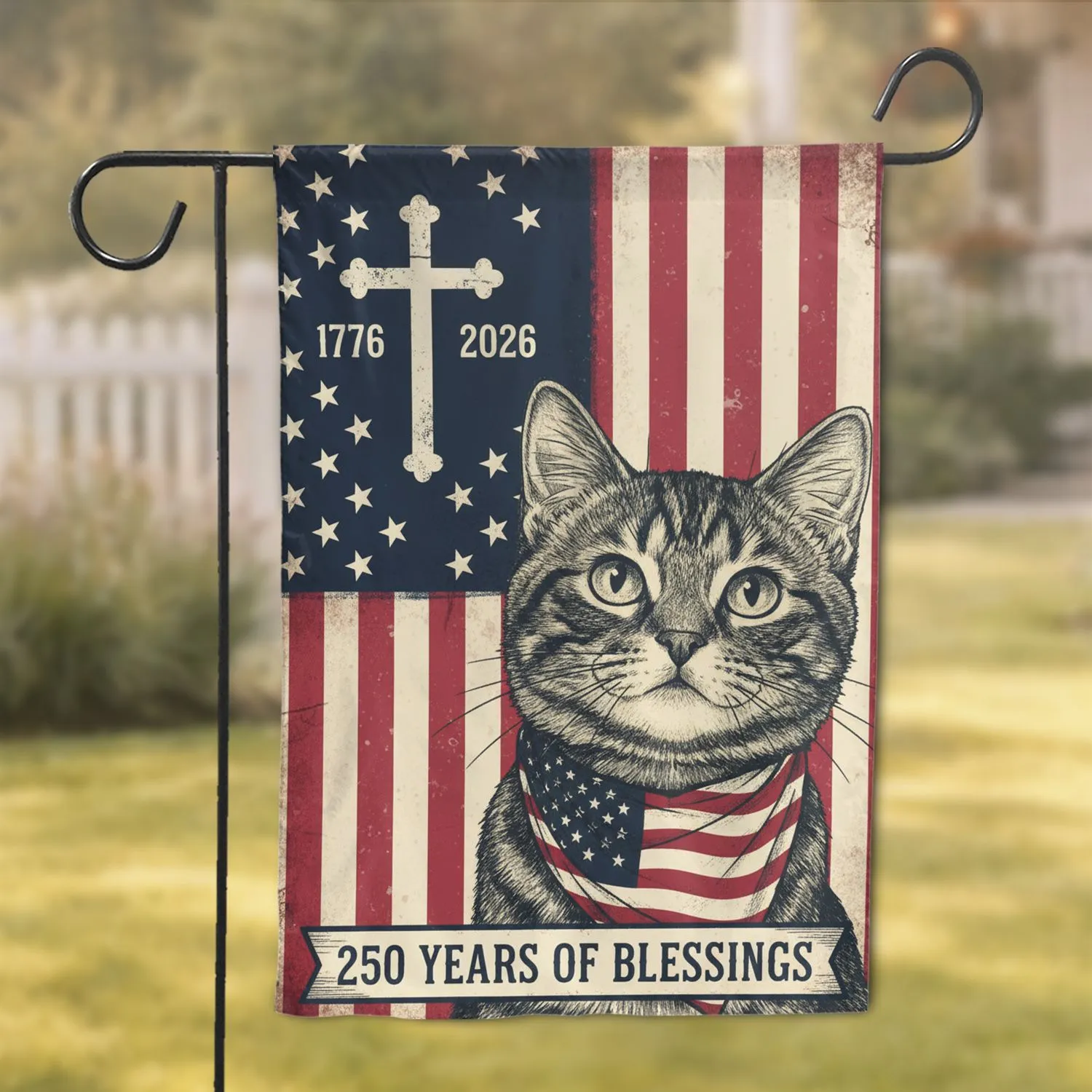 Tabby Cat American Flag Bandana Christian Cross 1776-2026 - USA 250th Anniversary Patriotic Garden Flag - 1