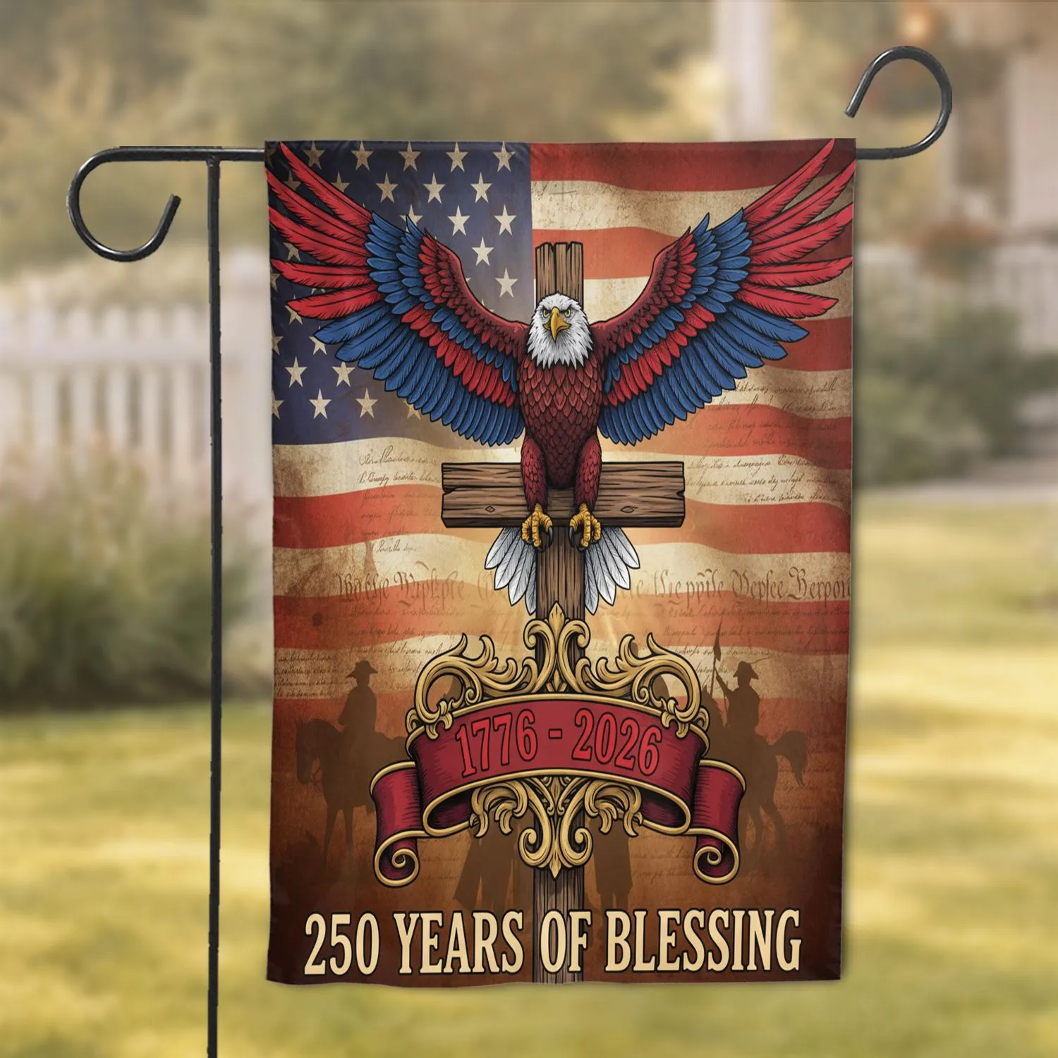 Bald Eagle American Flag Cross 1776-2026 - USA 250th Patriotic Blessing Garden Flag - 1
