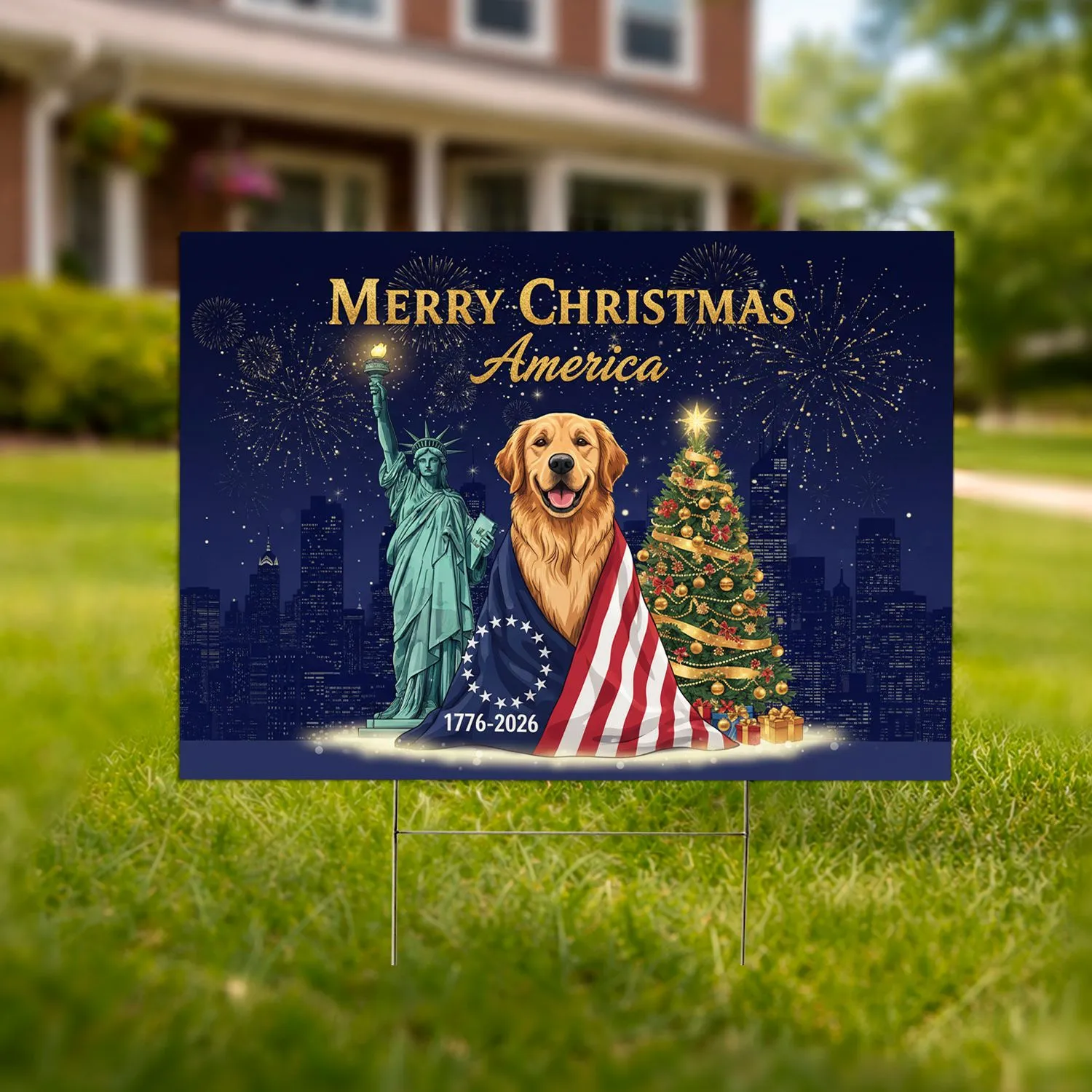 Golden Retriever Betsy Ross Flag 1776-2026 - Merry Christmas America 250th Patriotic Yard Sign - 1