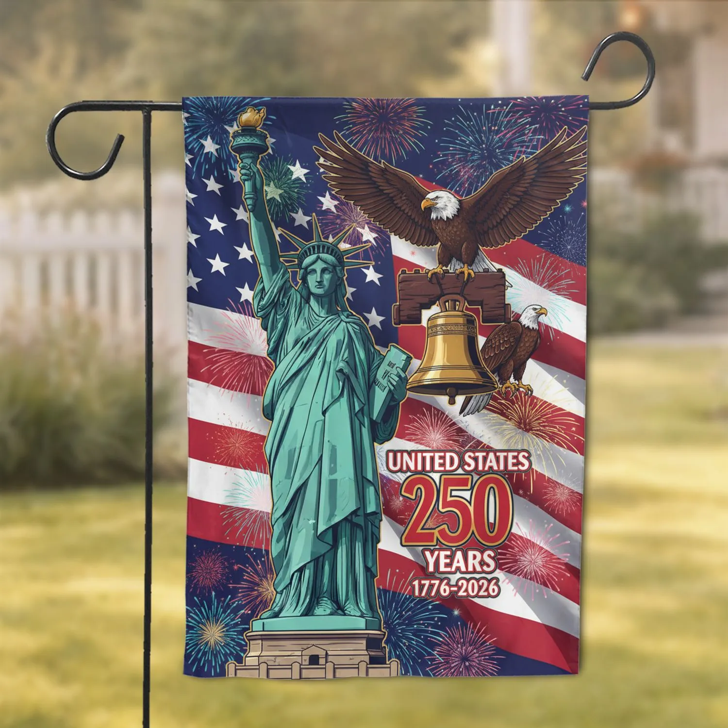 Grand American Flag Statue of Liberty Bald Eagle USA 250th Anniversary 1776-2026 Celebration Garden Flag - 1