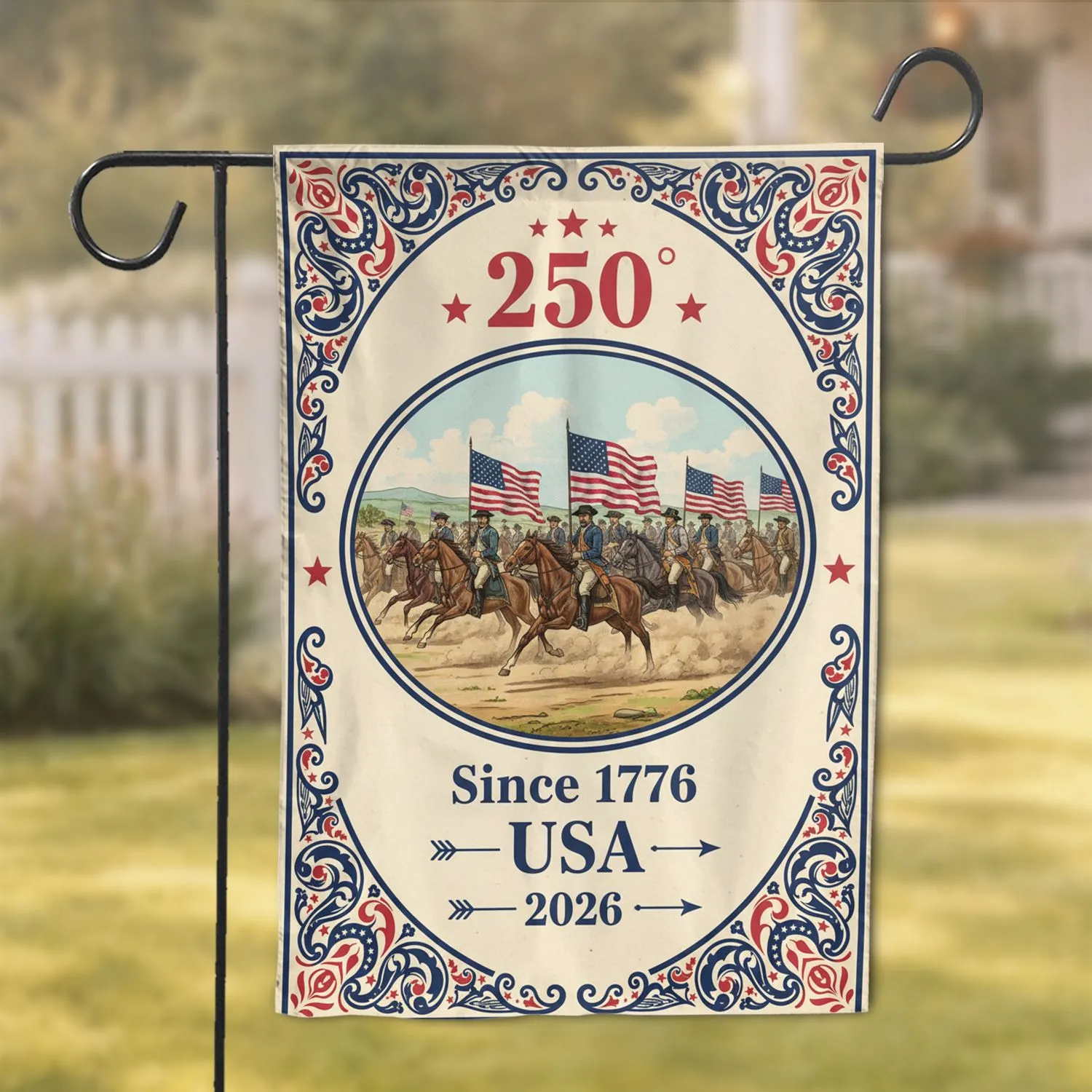 Colonial Horseback Riders American Flag 1776-2026 - USA 250th Anniversary Patriot Garden Flag - 1