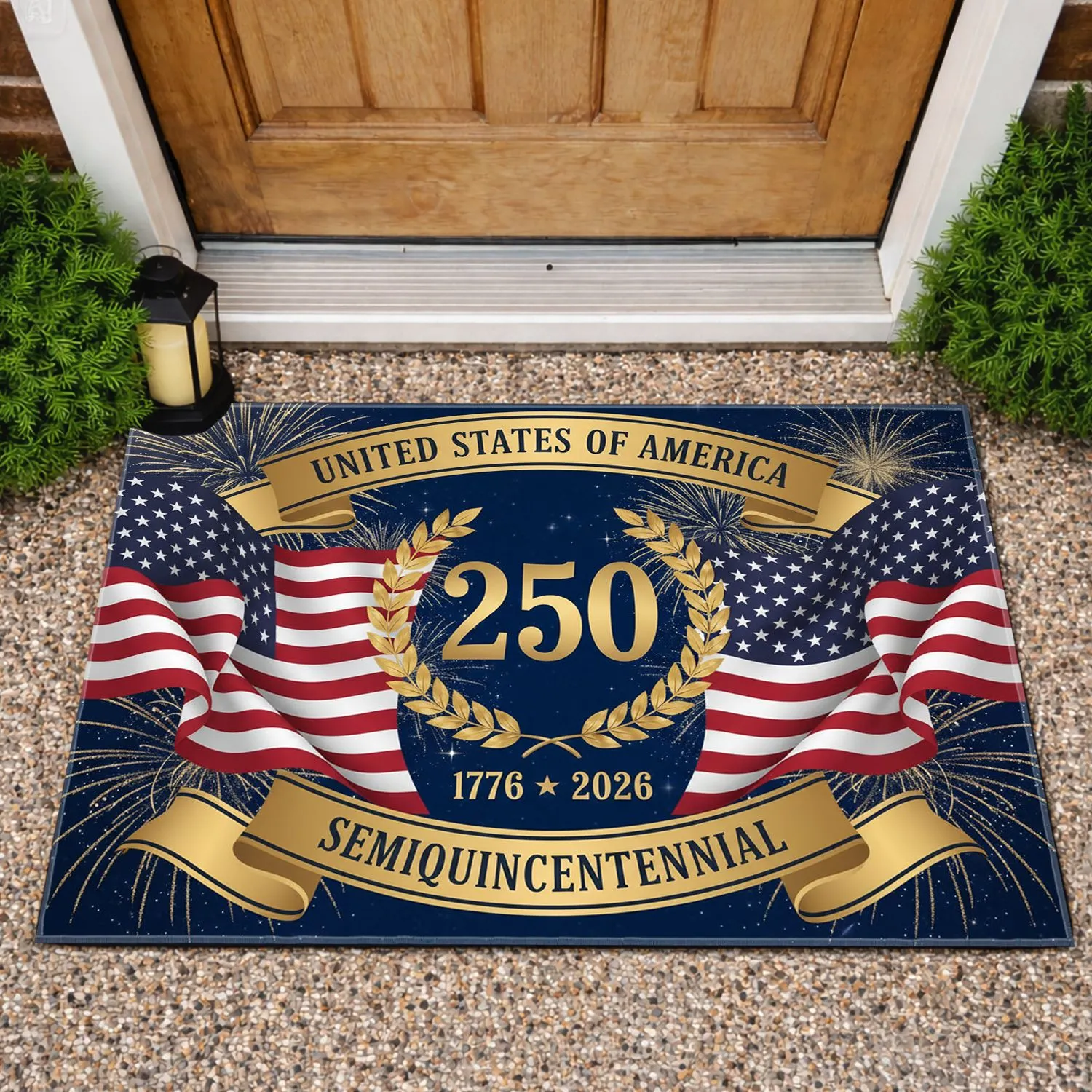 Gold 250 Emblem Patriotic American Flags - USA 250th Anniversary 1776-2026 Doormat - 1