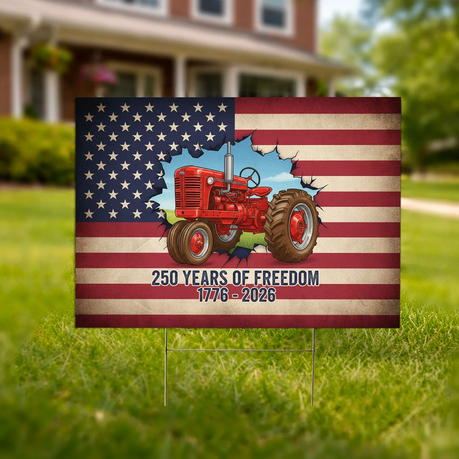 Vintage Tractor Distressed American Flag 250 Years of Freedom 1776-2026 Patriotic Yard Sign - 1