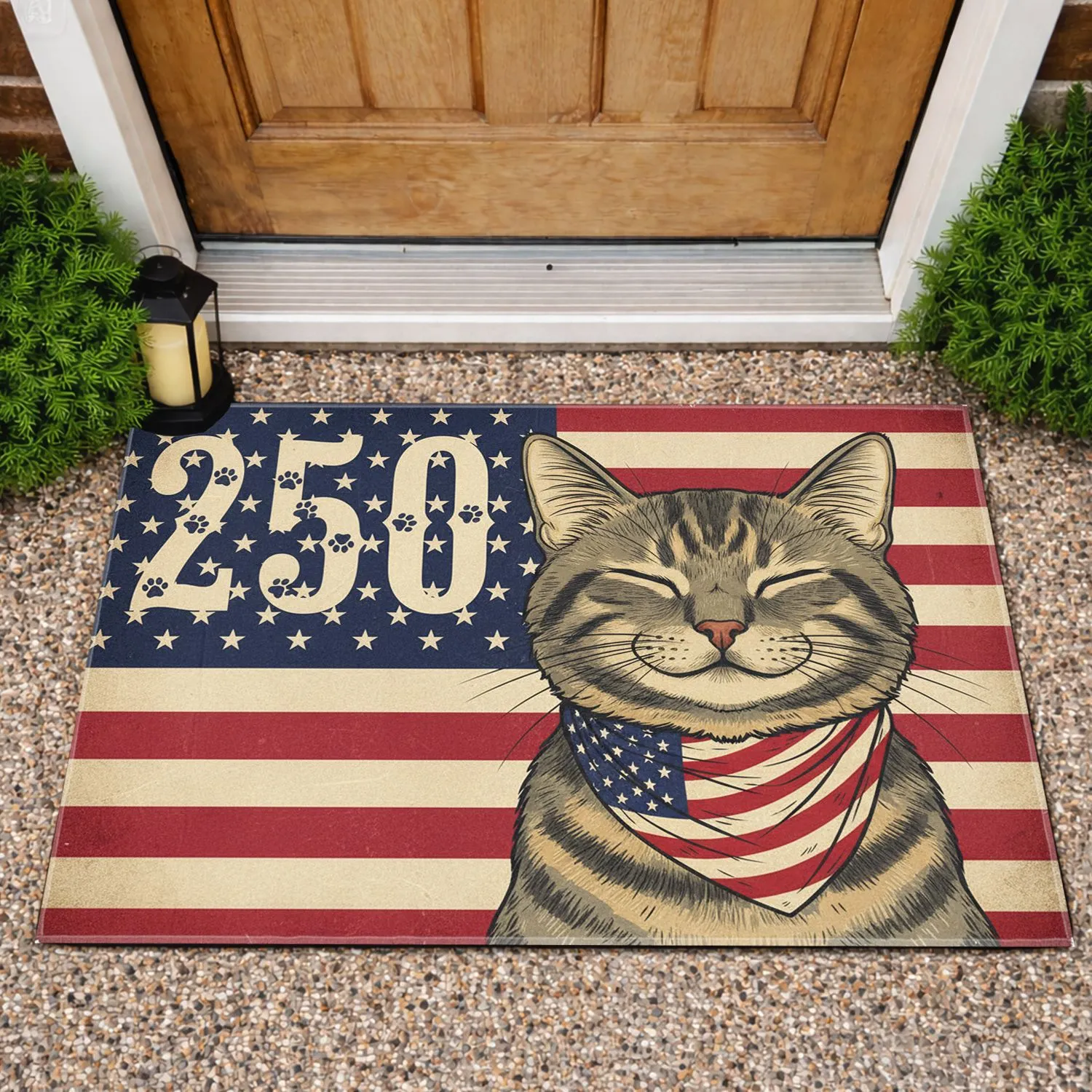 Gray Tabby Cat American Flag 250th Anniversary (1776-2026) Patriot Cat Lover Gift Doormat - 1