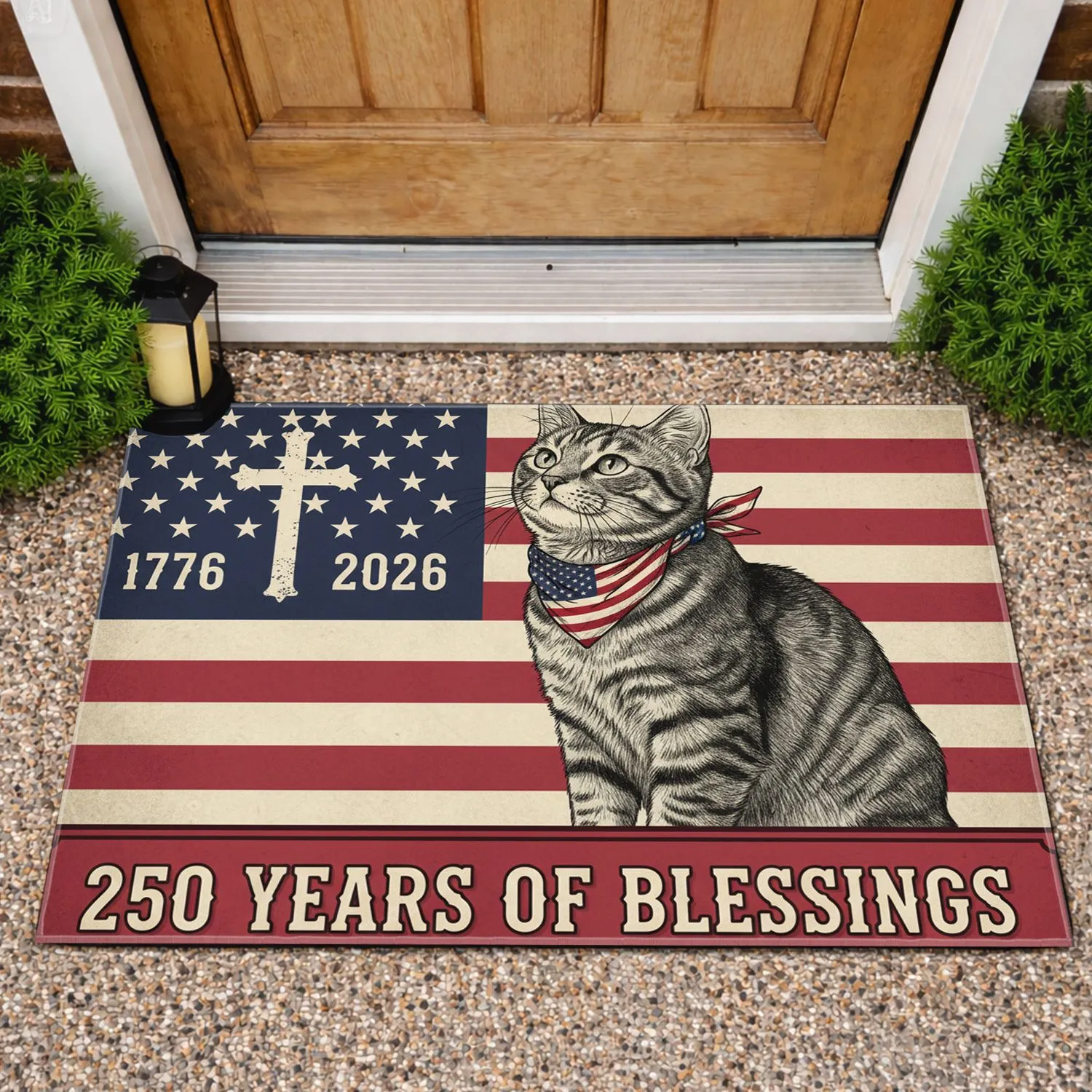 Tabby Cat Distressed American Flag 1776-2026 - USA 250th Anniversary of Blessings Doormat - 1
