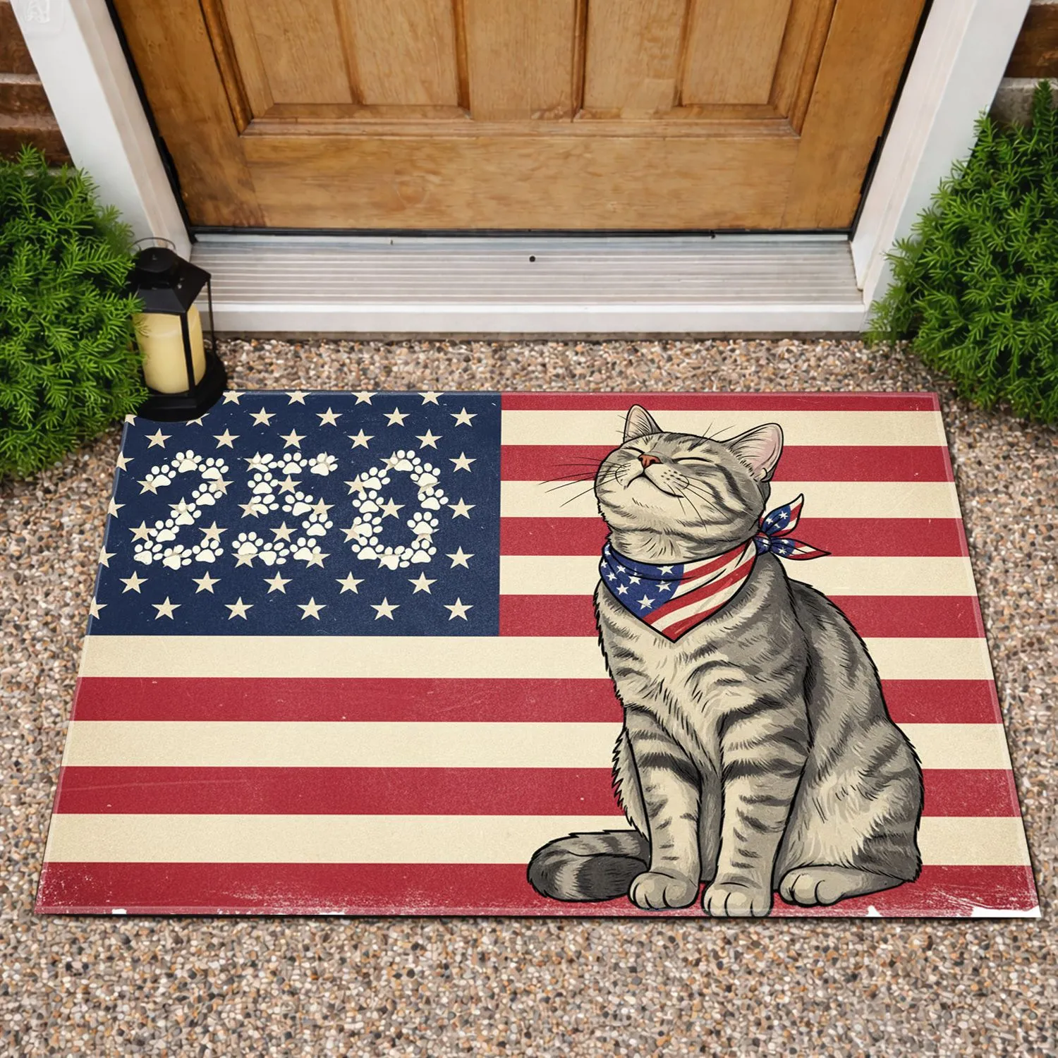 Patriotic Gray Tabby Cat American Flag USA 250th Anniversary (1776-2026) Independence Day Doormat - 1