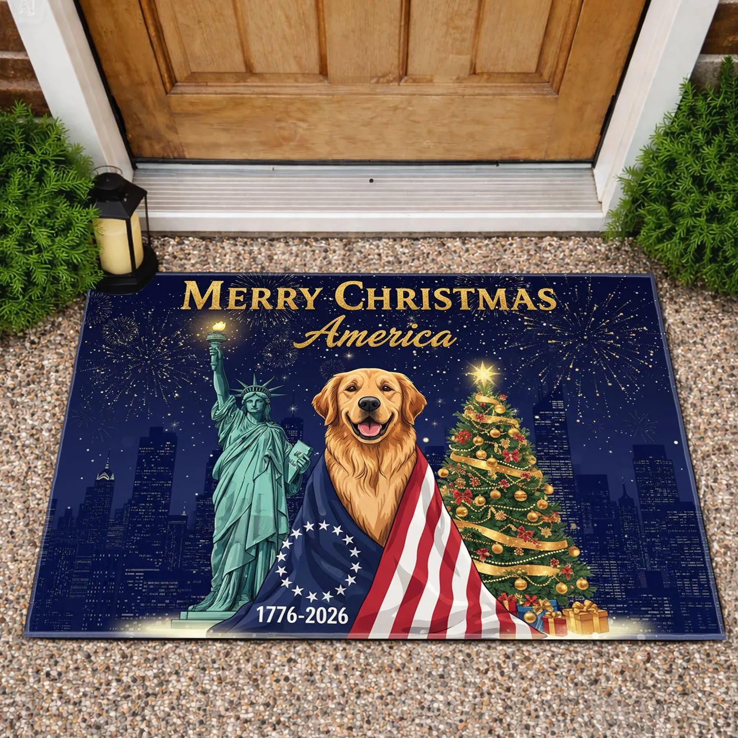 Golden Retriever Betsy Ross Flag 1776-2026 - Merry Christmas America 250th Patriotic Doormat - 1