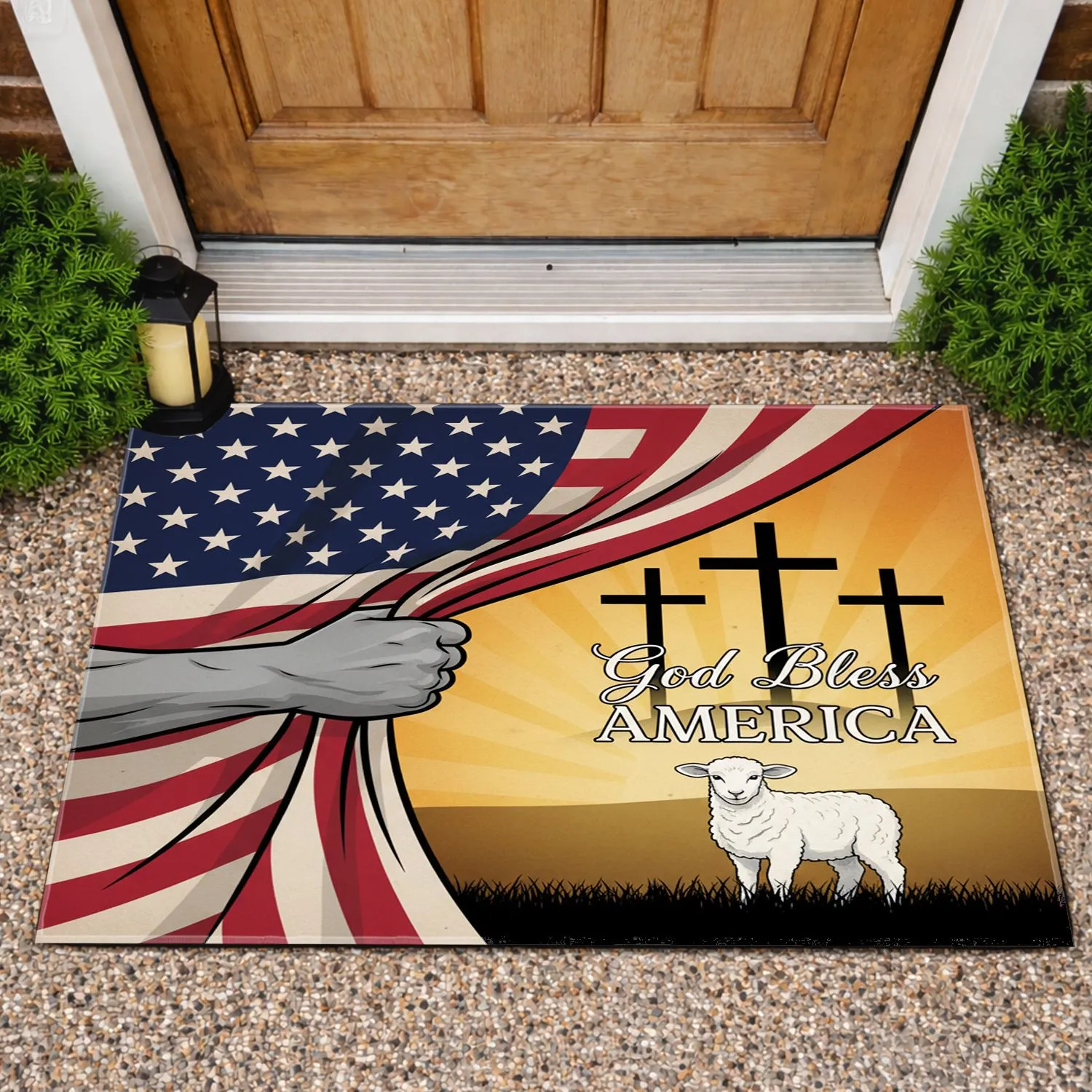 Patriotic American Flag Crosses Lamb - God Bless America Faith & Freedom Decor Doormat - 1