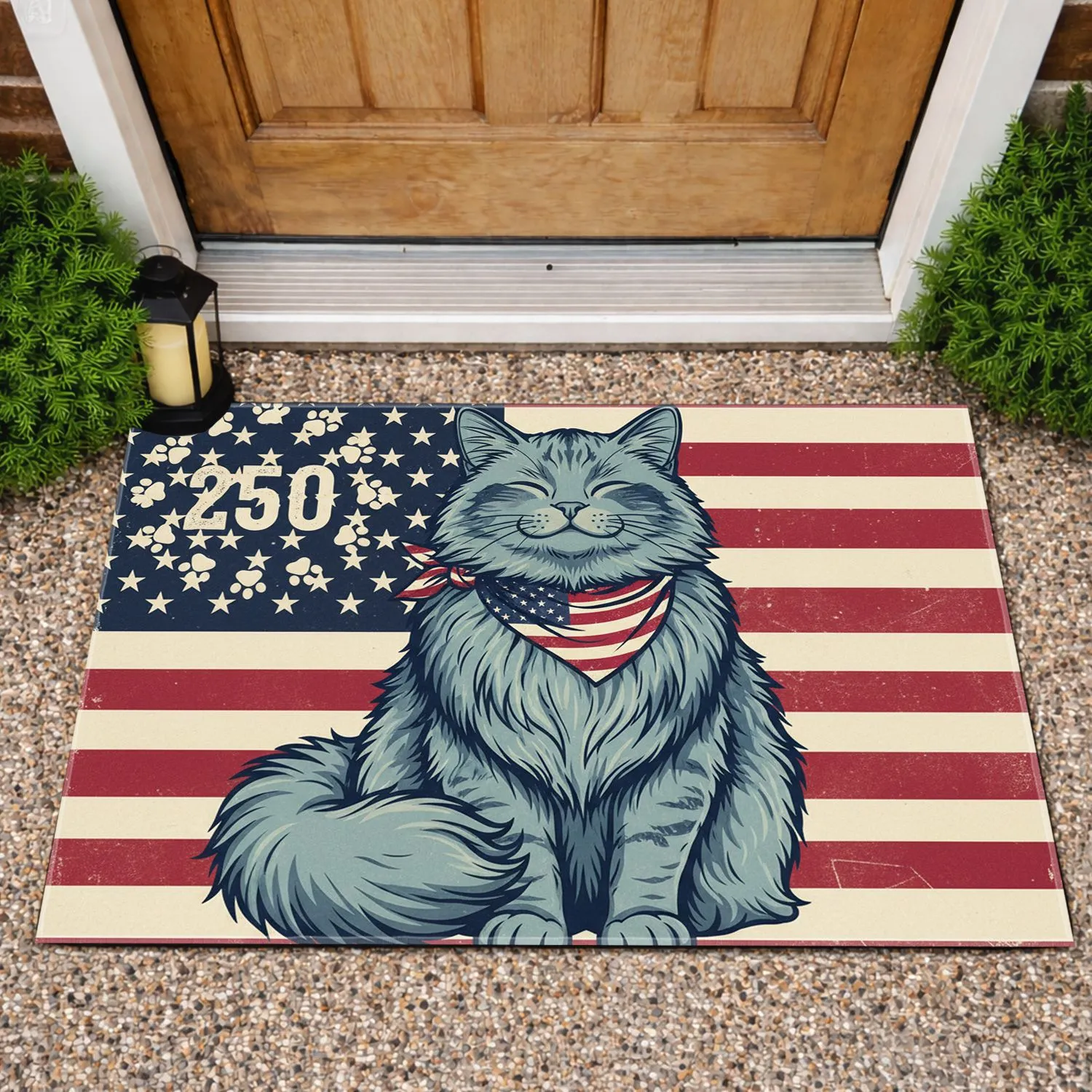 Majestic Fluffy Cat Distressed American Flag 1776-2026 - USA 250th Anniversary Doormat - 1